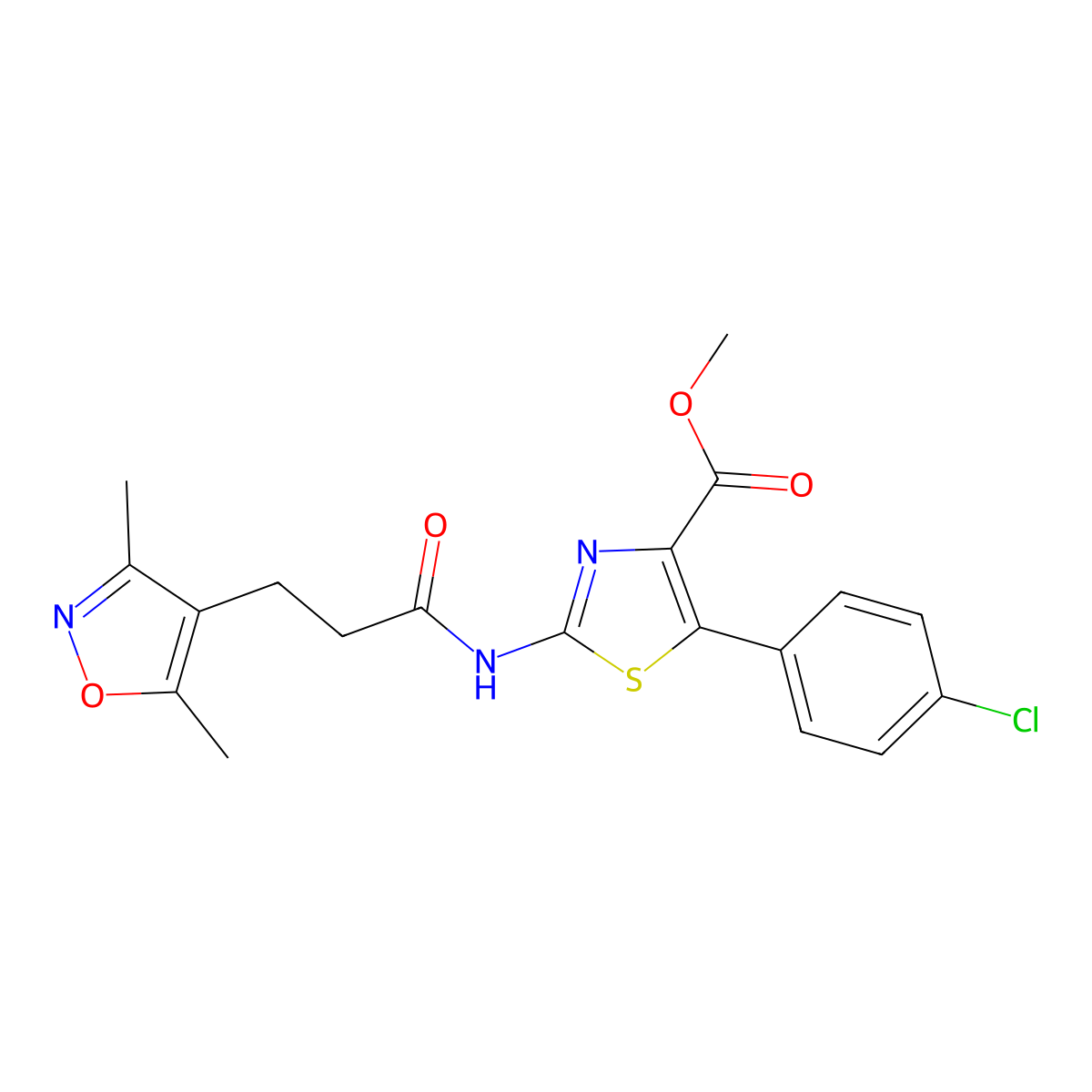 Methyl 5-(4-chlorophenyl)-2-{[3-(3,5-dimethyl-1,2-oxazol-4-yl)propanoyl]amino}-1,3-thiazole-4-carboxylate molecular structure, CAS 1630832-63-1