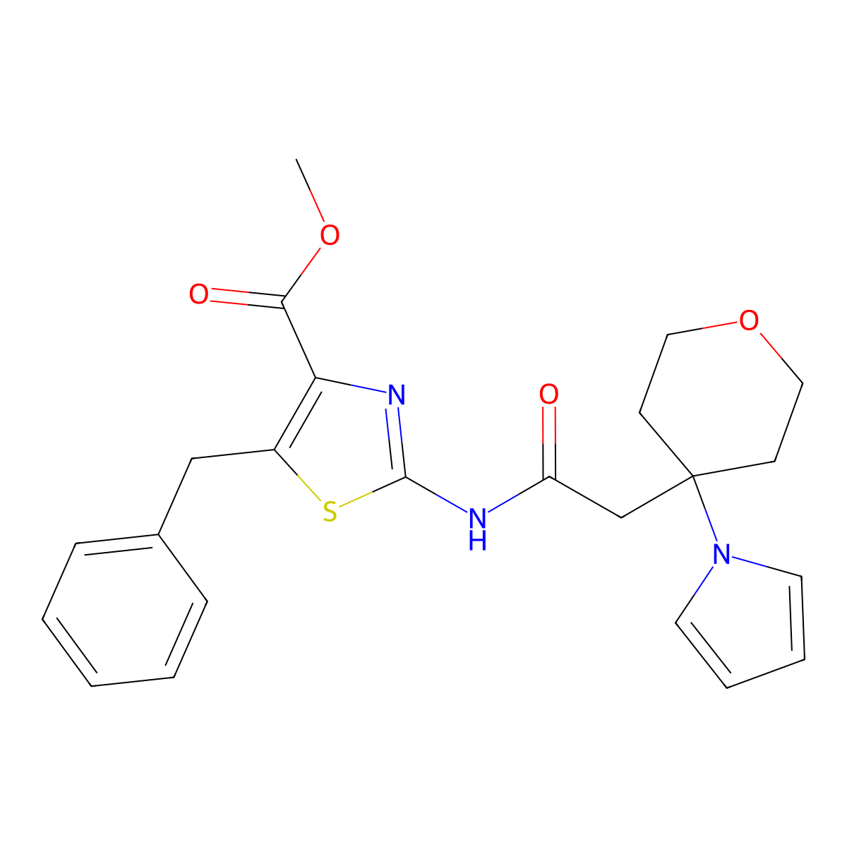 methyl 5-benzyl-2-({[4-(1H-pyrrol-1-yl)tetrahydro-2H-pyran-4-yl]acetyl}amino)-1,3-thiazole-4-carboxylate molecular structure, CAS 1630835-05-0