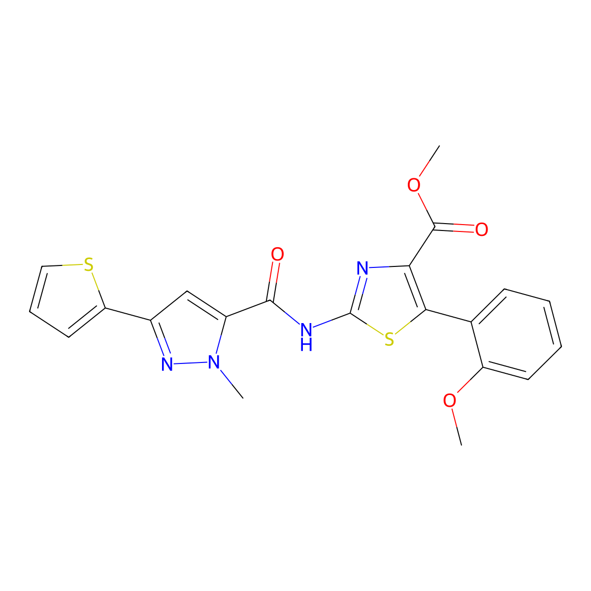 methyl 5-(2-methoxyphenyl)-2-({[1-methyl-3-(thiophen-2-yl)-1H-pyrazol-5-yl]carbonyl}amino)-1,3-thiazole-4-carboxylate molecular structure, CAS 1630835-10-7