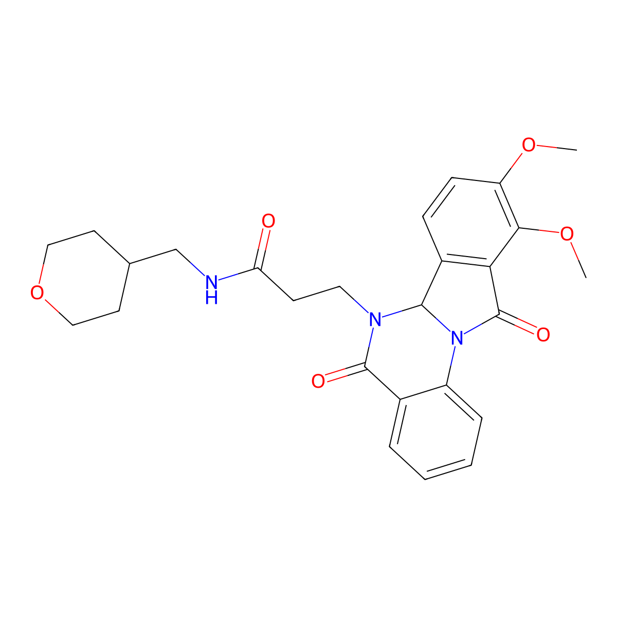 3-(9,10-dimethoxy-5,11-dioxo-6a,11-dihydroisoindolo[2,1-a]quinazolin-6(5H)-yl)-N-(tetrahydro-2H-pyran-4-ylmethyl)propanamide molecular structure, CAS 1630836-08-6