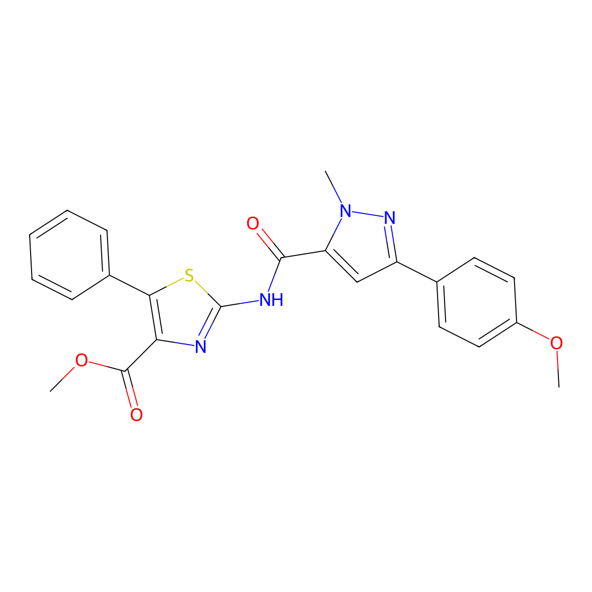 methyl 2-({[3-(4-methoxyphenyl)-1-methyl-1H-pyrazol-5-yl]carbonyl}amino)-5-phenyl-1,3-thiazole-4-carboxylate molecular structure, CAS 1630836-26-8