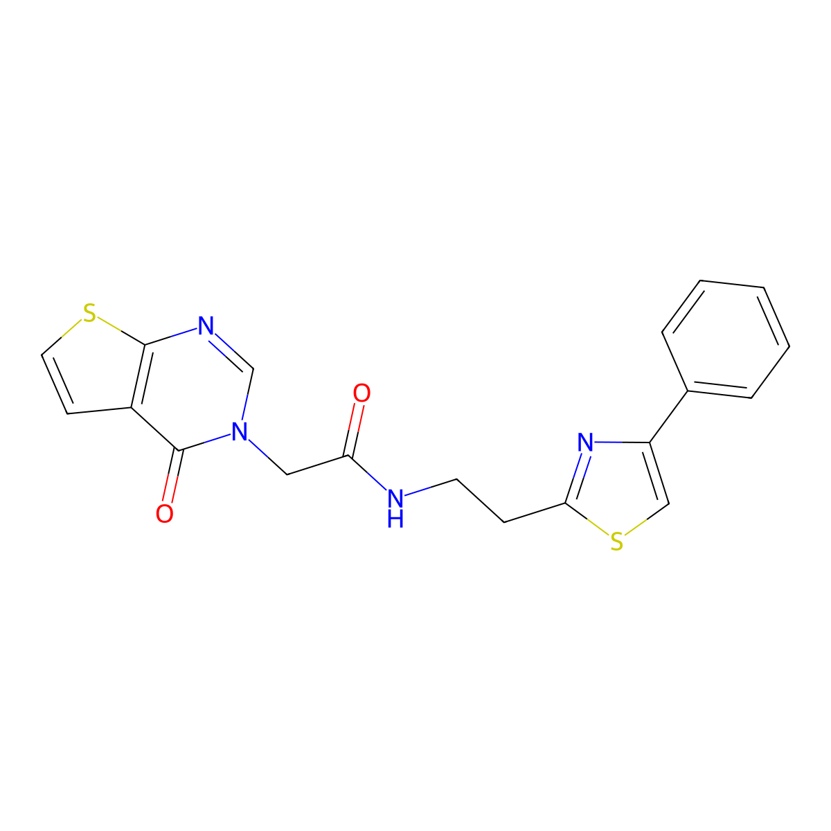 2-(4-oxothieno[2,3-d]pyrimidin-3(4H)-yl)-N-[2-(4-phenyl-1,3-thiazol-2-yl)ethyl]acetamide molecular structure, CAS 1630836-28-0