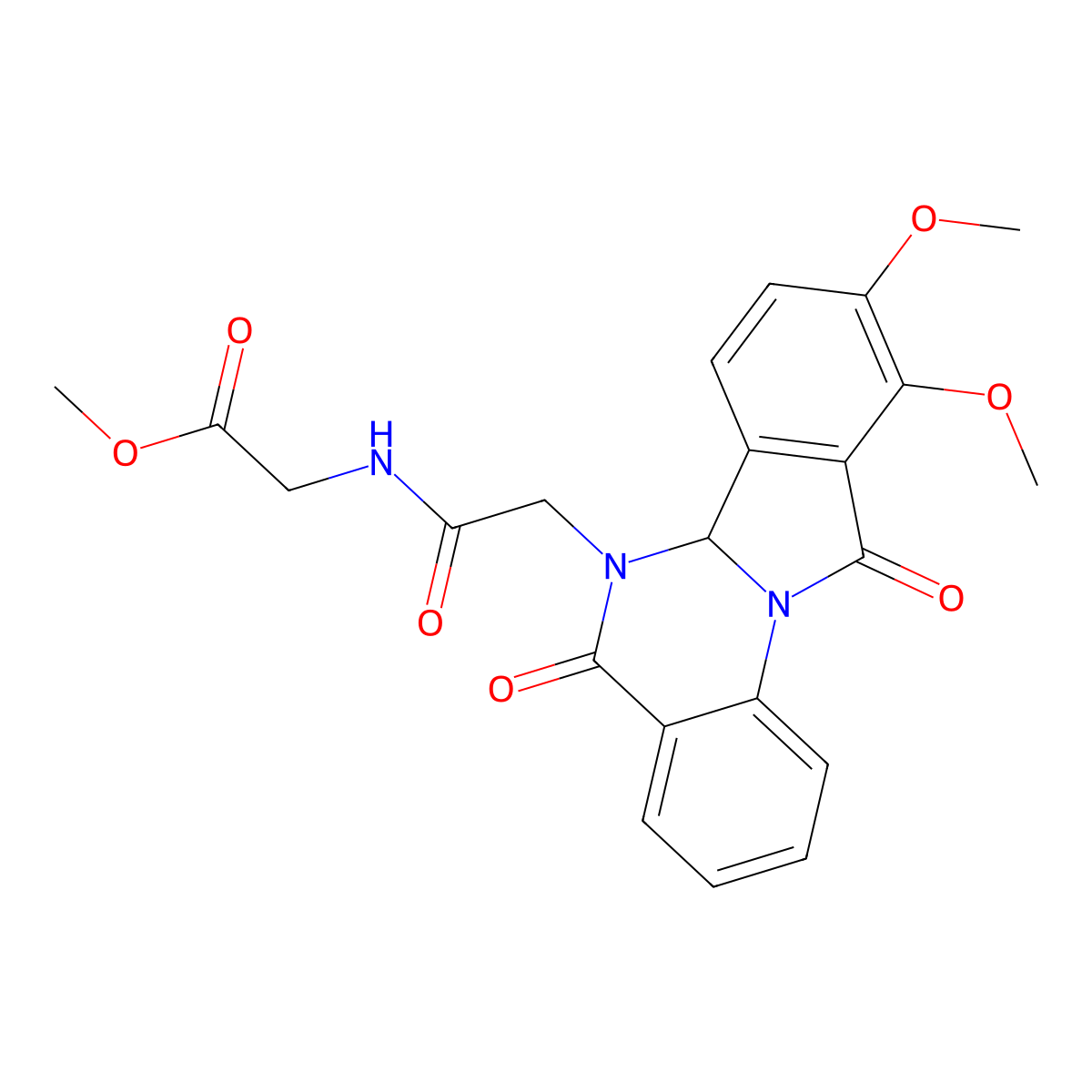 methyl N-[(9,10-dimethoxy-5,11-dioxo-6a,11-dihydroisoindolo[2,1-a]quinazolin-6(5H)-yl)acetyl]glycinate molecular structure, CAS 1630836-89-3