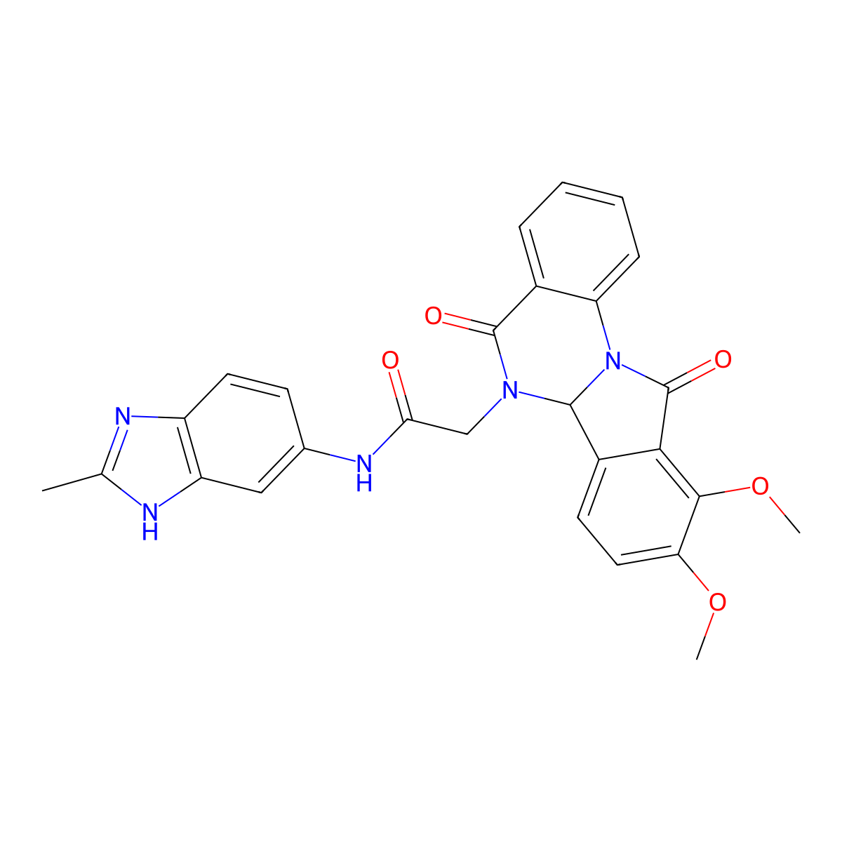2-(9,10-dimethoxy-5,11-dioxo-6a,11-dihydroisoindolo[2,1-a]quinazolin-6(5H)-yl)-N-(2-methyl-1H-benzimidazol-6-yl)acetamide molecular structure, CAS 1630840-23-1