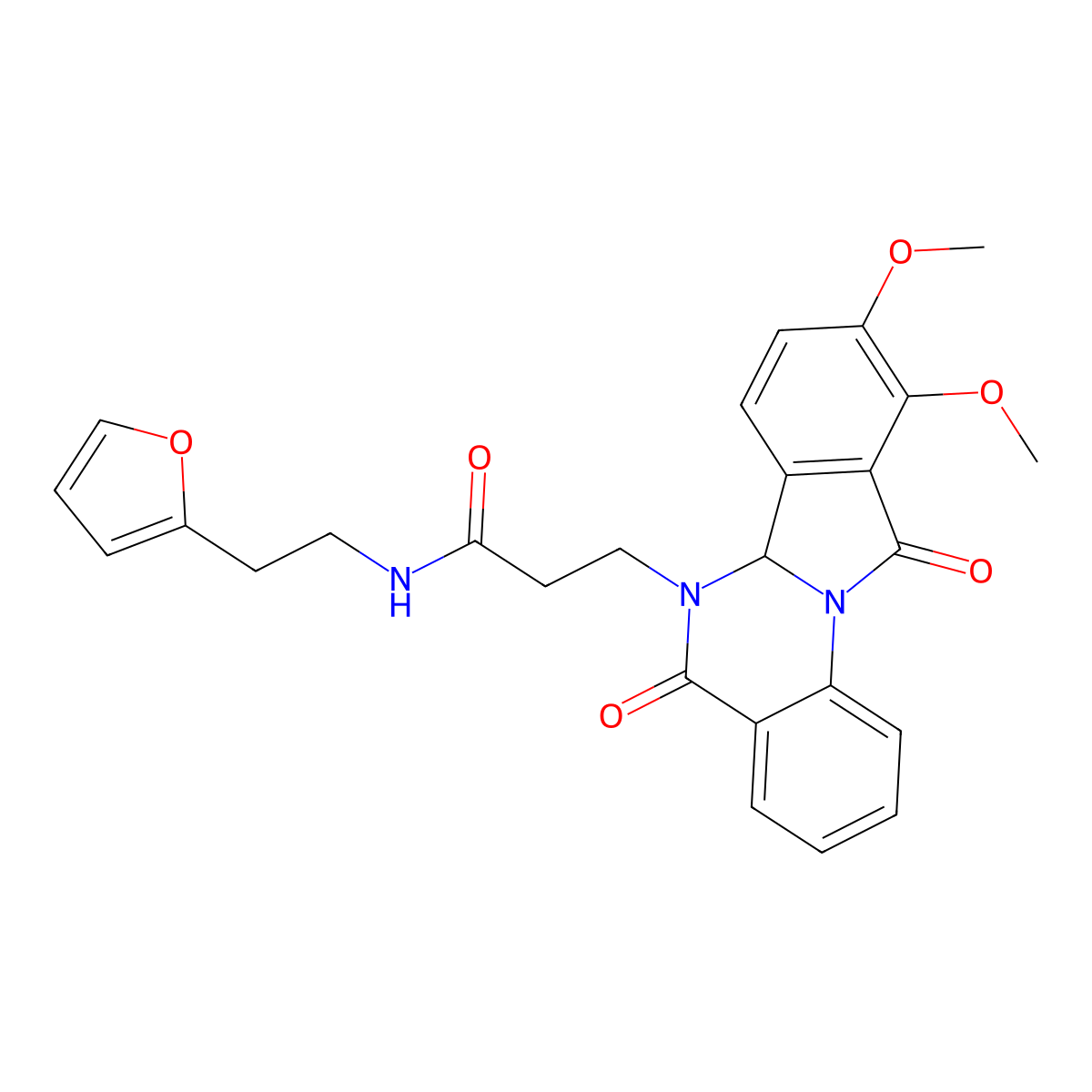 3-(9,10-dimethoxy-5,11-dioxo-6a,11-dihydroisoindolo[2,1-a]quinazolin-6(5H)-yl)-N-[2-(furan-2-yl)ethyl]propanamide molecular structure, CAS 1630840-80-0