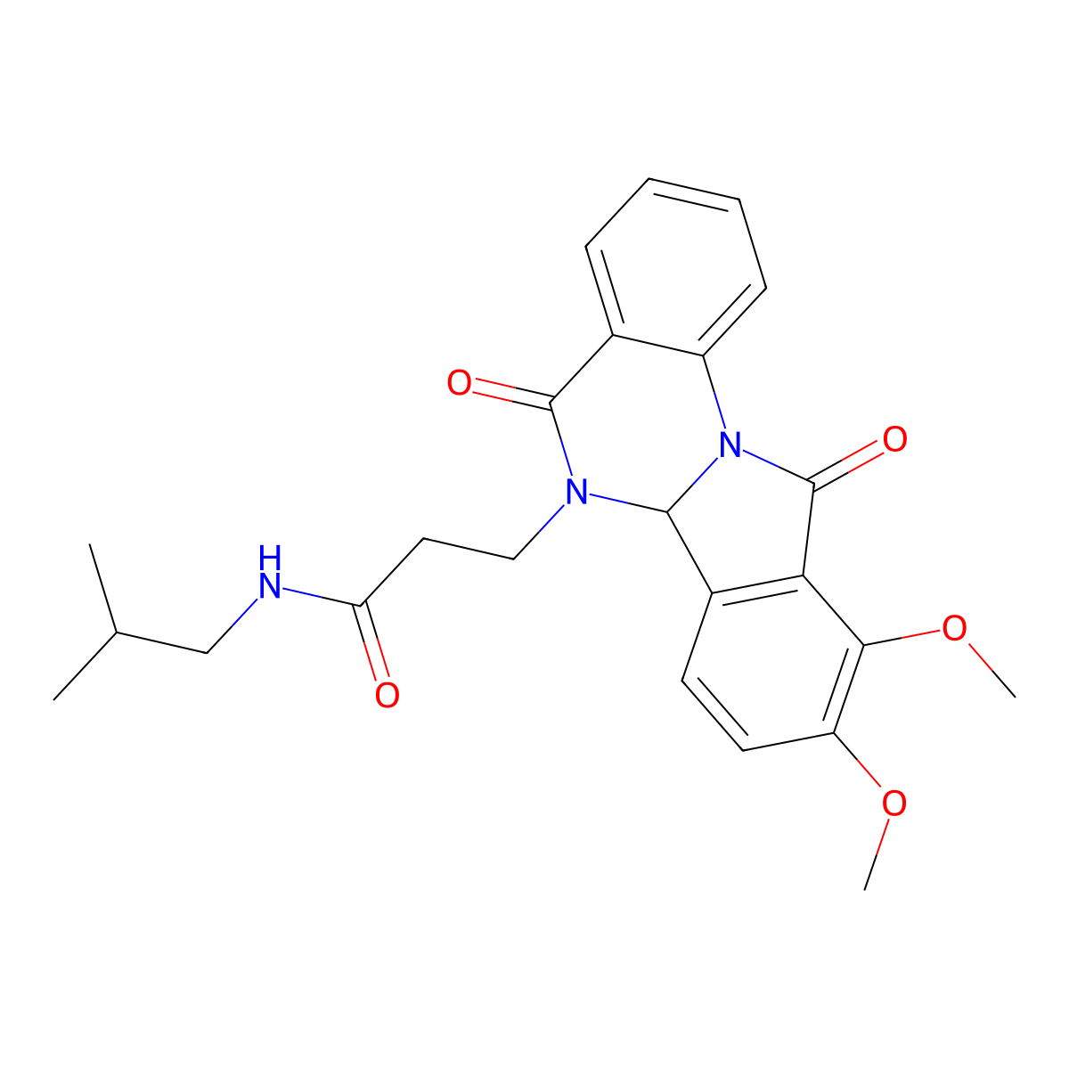 3-(9,10-dimethoxy-5,11-dioxo-6a,11-dihydroisoindolo[2,1-a]quinazolin-6(5H)-yl)-N-(2-methylpropyl)propanamide molecular structure, CAS 1630841-03-0