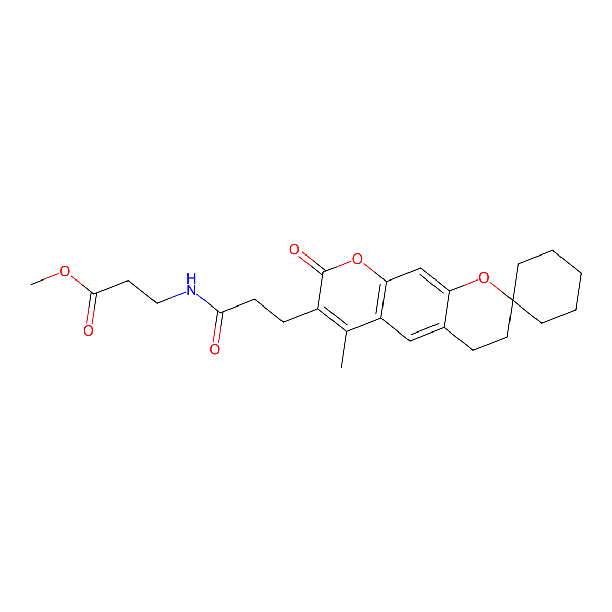 methyl N-[3-(6'-methyl-8'-oxo-3',4'-dihydro-8'H-spiro[cyclohexane-1,2'-pyrano[3,2-g]chromen]-7'-yl)propanoyl]-beta-alaninate molecular structure, CAS 1630841-46-1