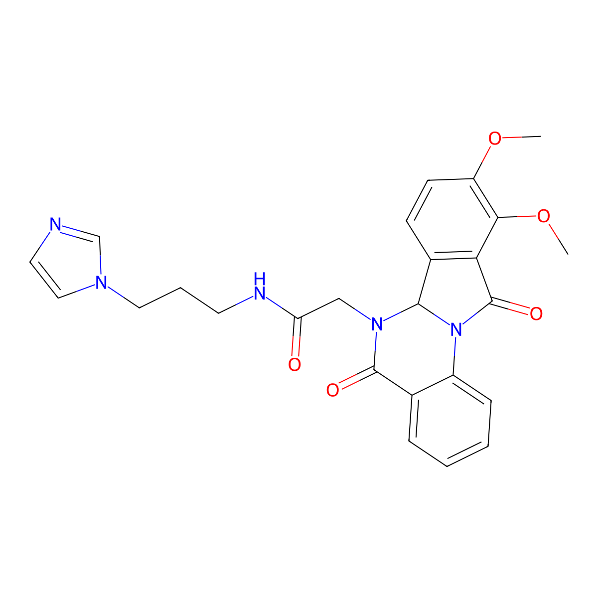 2-(9,10-dimethoxy-5,11-dioxo-6a,11-dihydroisoindolo[2,1-a]quinazolin-6(5H)-yl)-N-[3-(1H-imidazol-1-yl)propyl]acetamide molecular structure, CAS 1630842-17-9