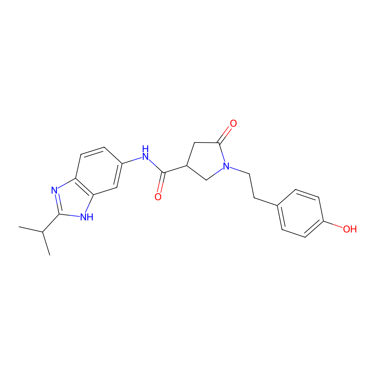 1-(4-hydroxyphenethyl)-N-(2-isopropyl-1H-benzo[d]imidazol-5-yl)-5-oxopyrrolidine-3-carboxamide molecular structure, CAS 1630846-88-6