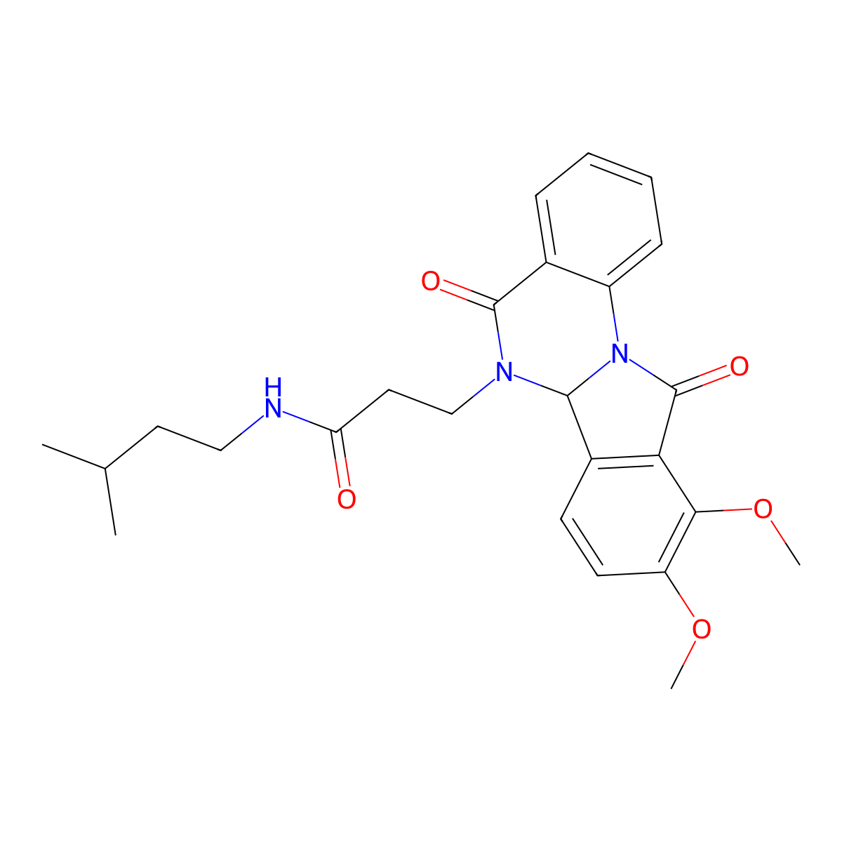 3-(9,10-dimethoxy-5,11-dioxo-6a,11-dihydroisoindolo[2,1-a]quinazolin-6(5H)-yl)-N-(3-methylbutyl)propanamide molecular structure, CAS 1630846-94-4