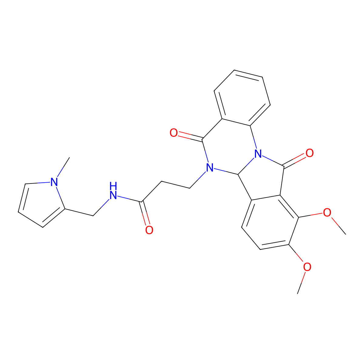 3-(9,10-dimethoxy-5,11-dioxo-6a,11-dihydroisoindolo[2,1-a]quinazolin-6(5H)-yl)-N-[(1-methyl-1H-pyrrol-2-yl)methyl]propanamide molecular structure, CAS 1630847-36-7