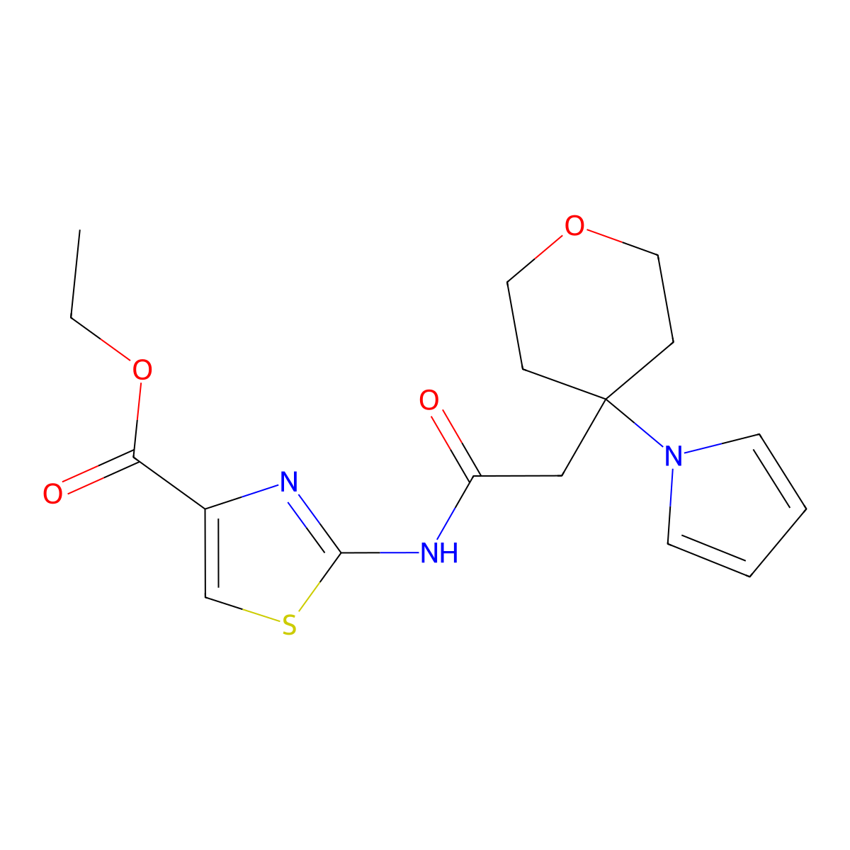 ethyl 2-({[4-(1H-pyrrol-1-yl)tetrahydro-2H-pyran-4-yl]acetyl}amino)-1,3-thiazole-4-carboxylate molecular structure, CAS 1630848-75-7