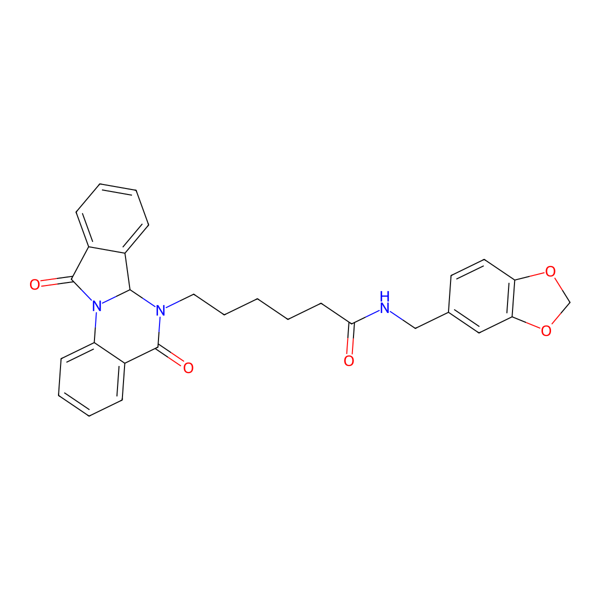 N-(1,3-benzodioxol-5-ylmethyl)-6-(5,11-dioxo-6a,11-dihydroisoindolo[2,1-a]quinazolin-6(5H)-yl)hexanamide molecular structure, CAS 1630850-09-7