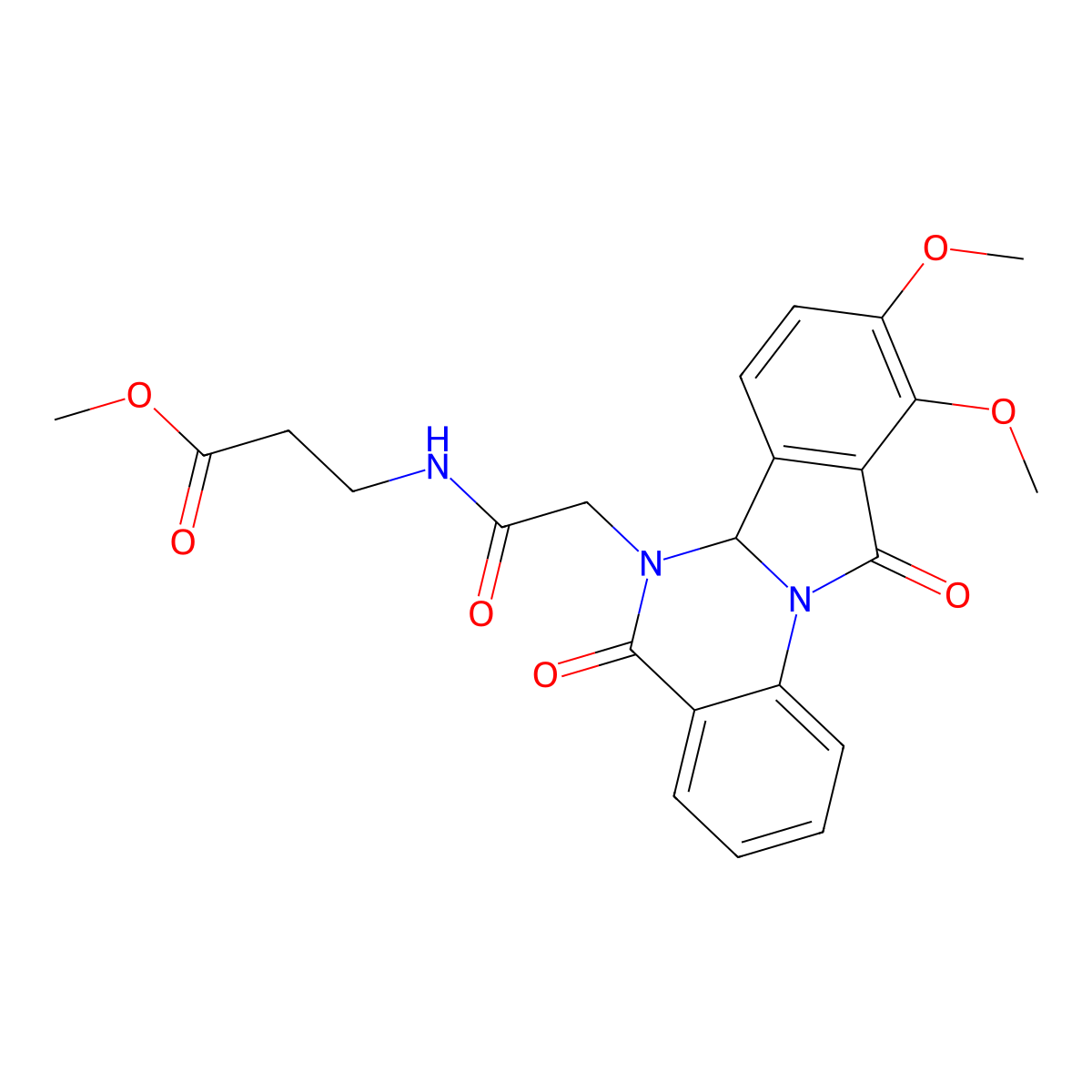 methyl N-[(9,10-dimethoxy-5,11-dioxo-6a,11-dihydroisoindolo[2,1-a]quinazolin-6(5H)-yl)acetyl]-beta-alaninate molecular structure, CAS 1630851-11-4