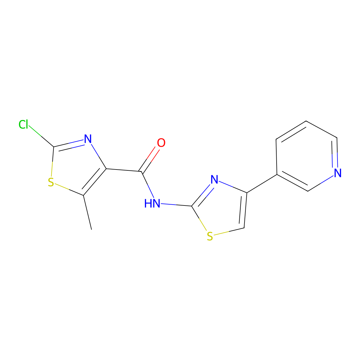 2-chloro-5-methyl-N-[4-(pyridin-3-yl)-1,3-thiazol-2-yl]-1,3-thiazole-4-carboxamide molecular structure, CAS 1630853-30-3