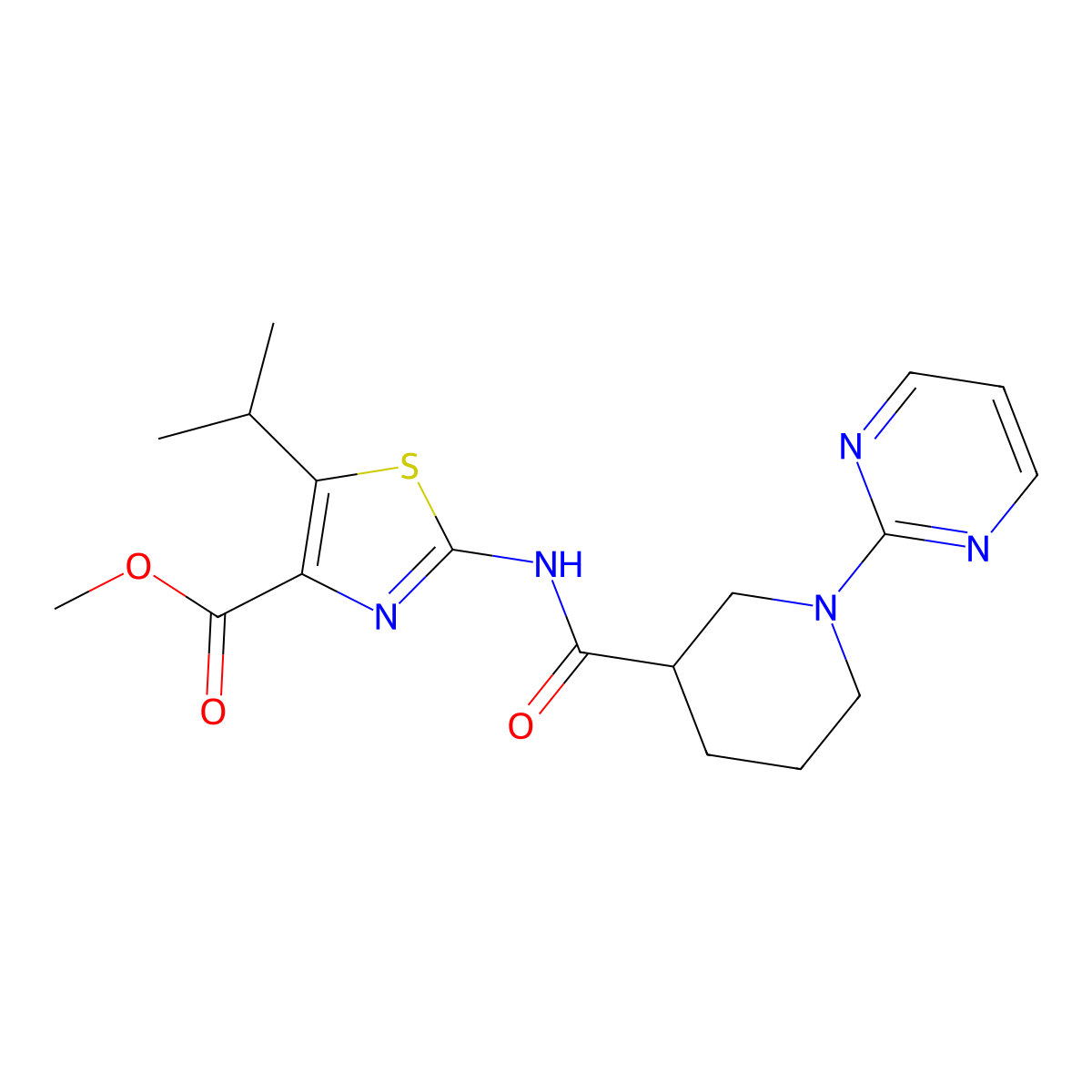 Methyl 5-(propan-2-yl)-2-({[1-(pyrimidin-2-yl)piperidin-3-yl]carbonyl}amino)-1,3-thiazole-4-carboxylate molecular structure, CAS 1630853-36-9