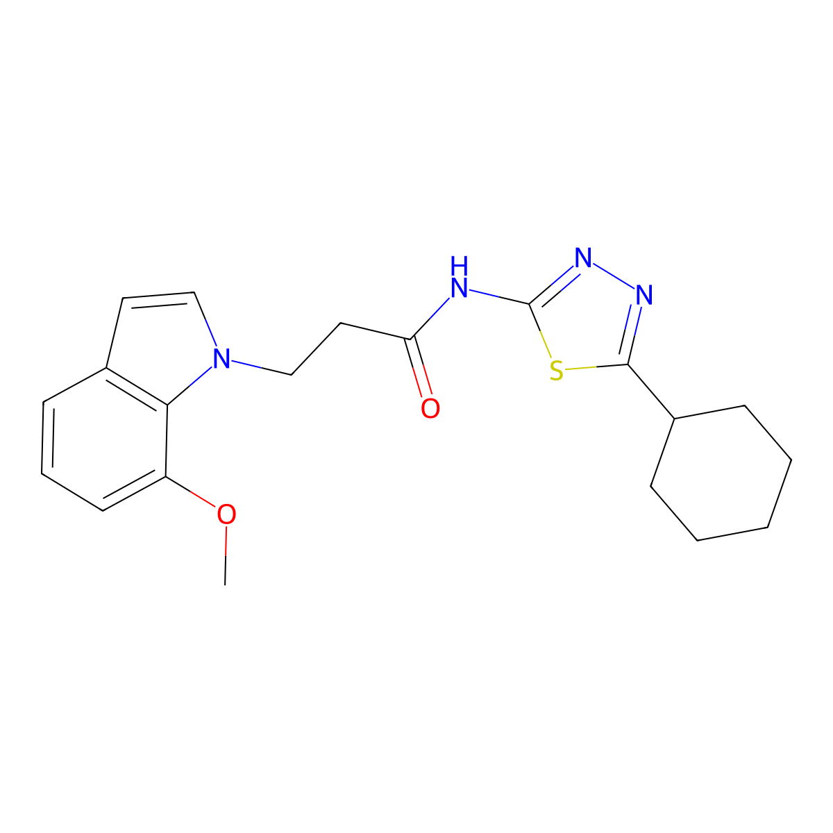N-(5-cyclohexyl-1,3,4-thiadiazol-2-yl)-3-(7-methoxy-1H-indol-1-yl)propanamide molecular structure, CAS 1630853-41-6