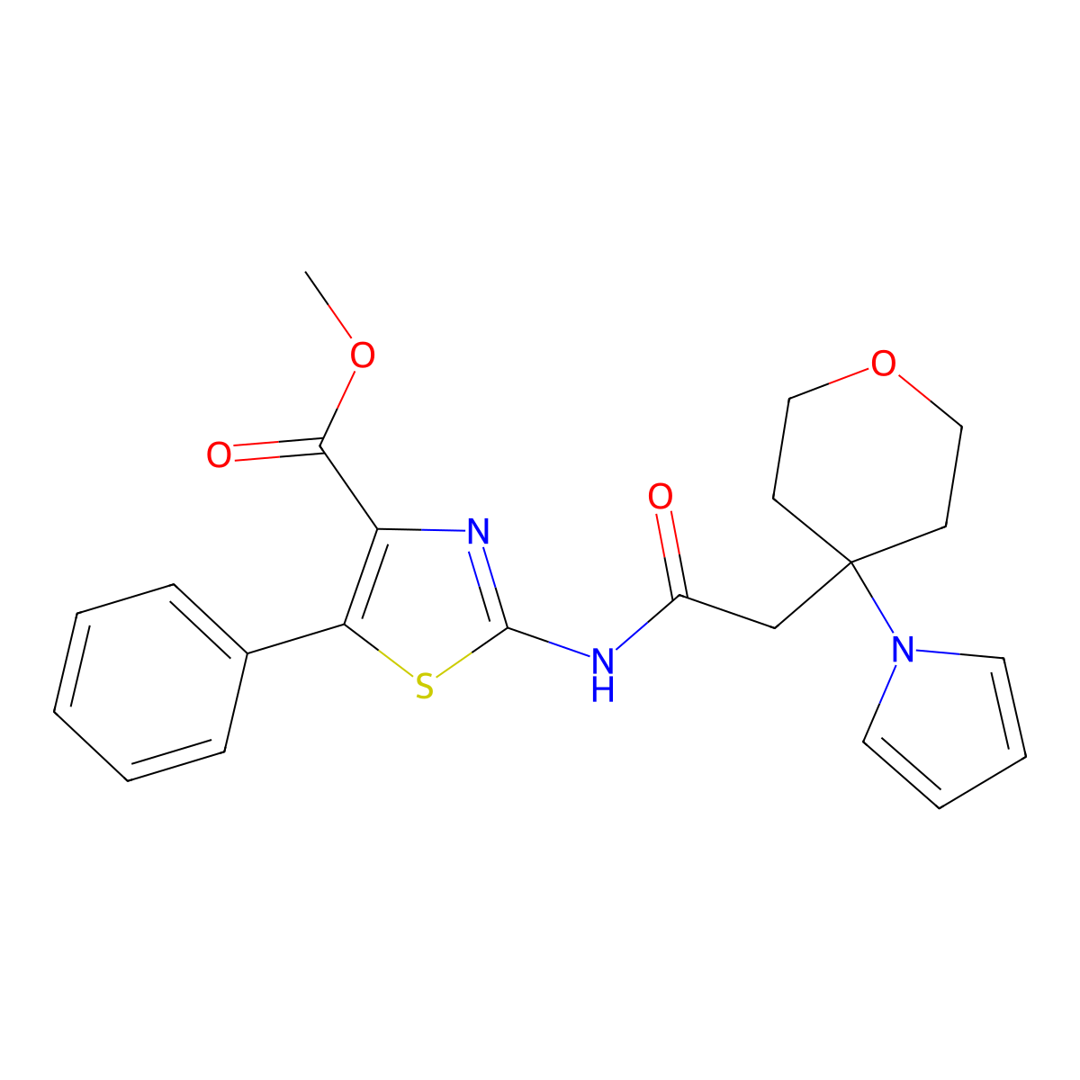 methyl 5-phenyl-2-({[4-(1H-pyrrol-1-yl)tetrahydro-2H-pyran-4-yl]acetyl}amino)-1,3-thiazole-4-carboxylate molecular structure, CAS 1630853-76-7