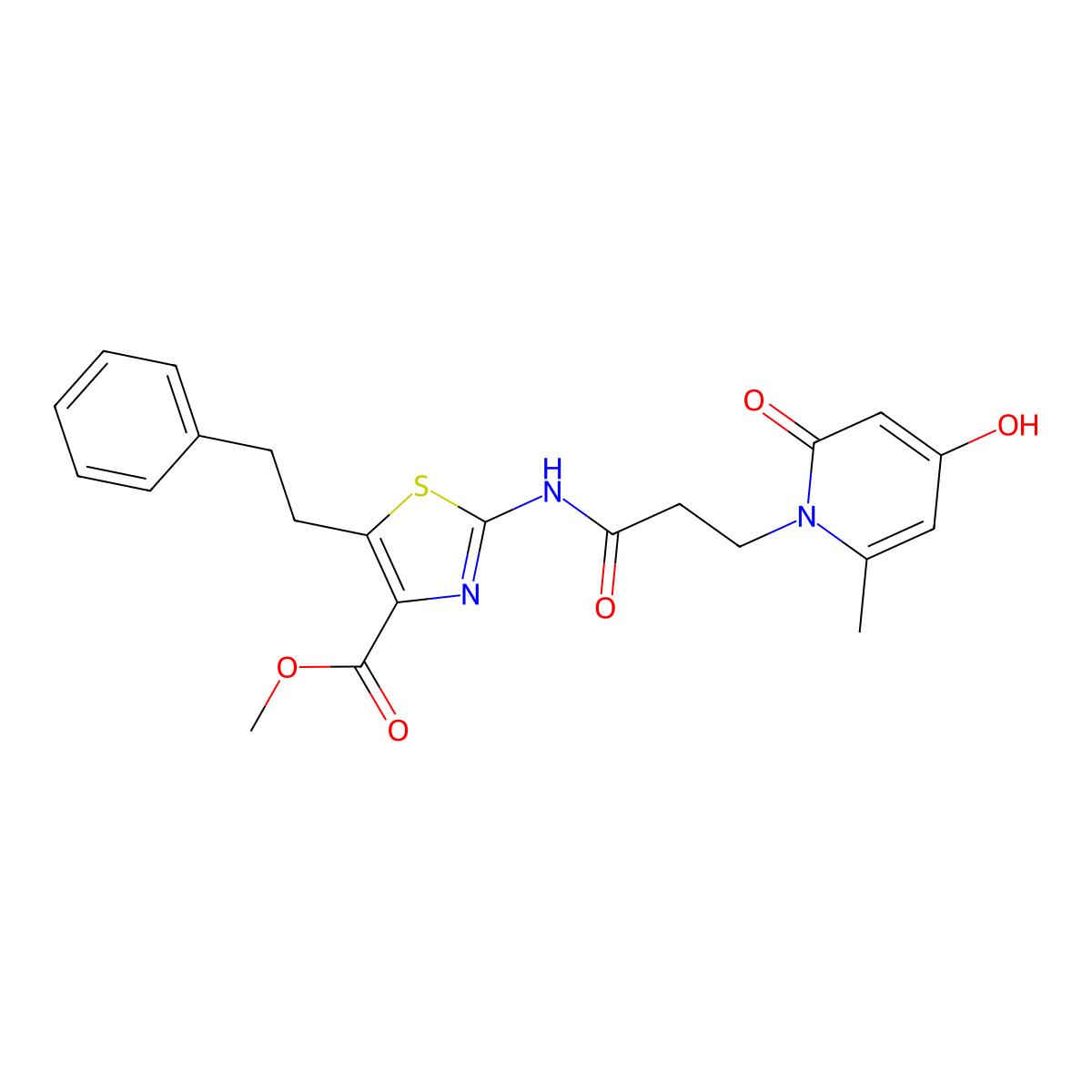 methyl 2-{[3-(4-hydroxy-6-methyl-2-oxopyridin-1(2H)-yl)propanoyl]amino}-5-(2-phenylethyl)-1,3-thiazole-4-carboxylate molecular structure, CAS 1630856-02-8
