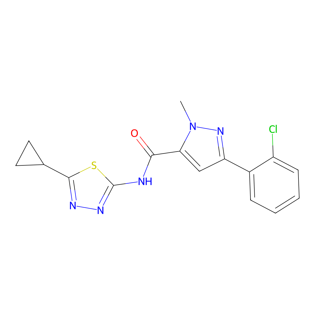 3-(2-chlorophenyl)-N-(5-cyclopropyl-1,3,4-thiadiazol-2-yl)-1-methyl-1H-pyrazole-5-carboxamide molecular structure, CAS 1630856-48-2