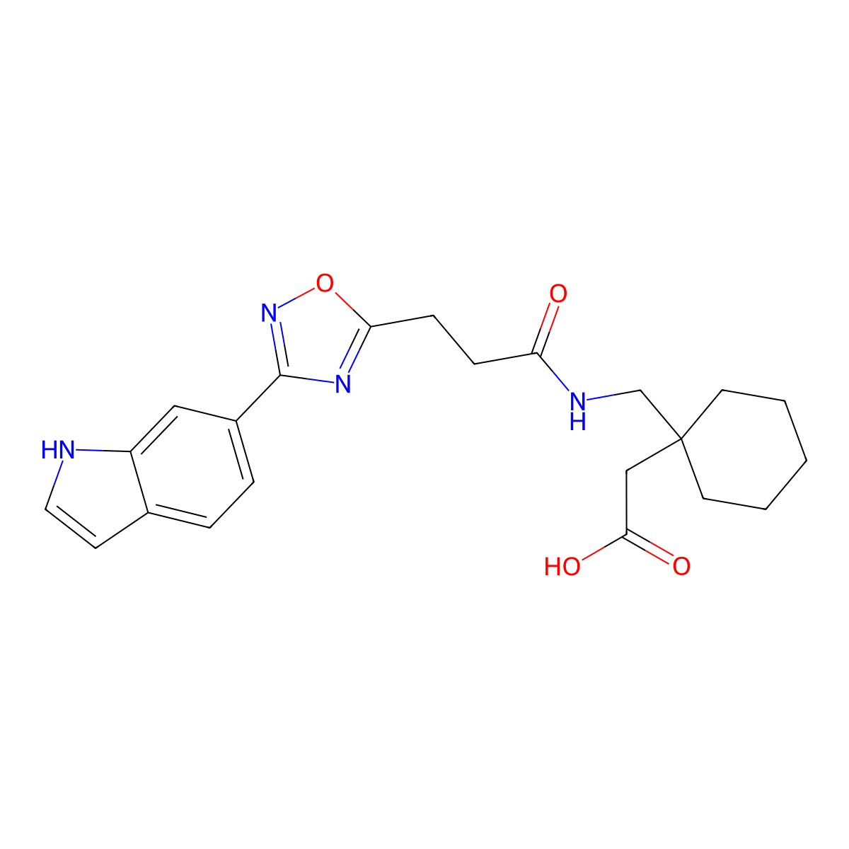 {1-[({3-[3-(1H-indol-6-yl)-1,2,4-oxadiazol-5-yl]propanoyl}amino)methyl]cyclohexyl}acetic acid molecular structure, CAS 1630856-53-9