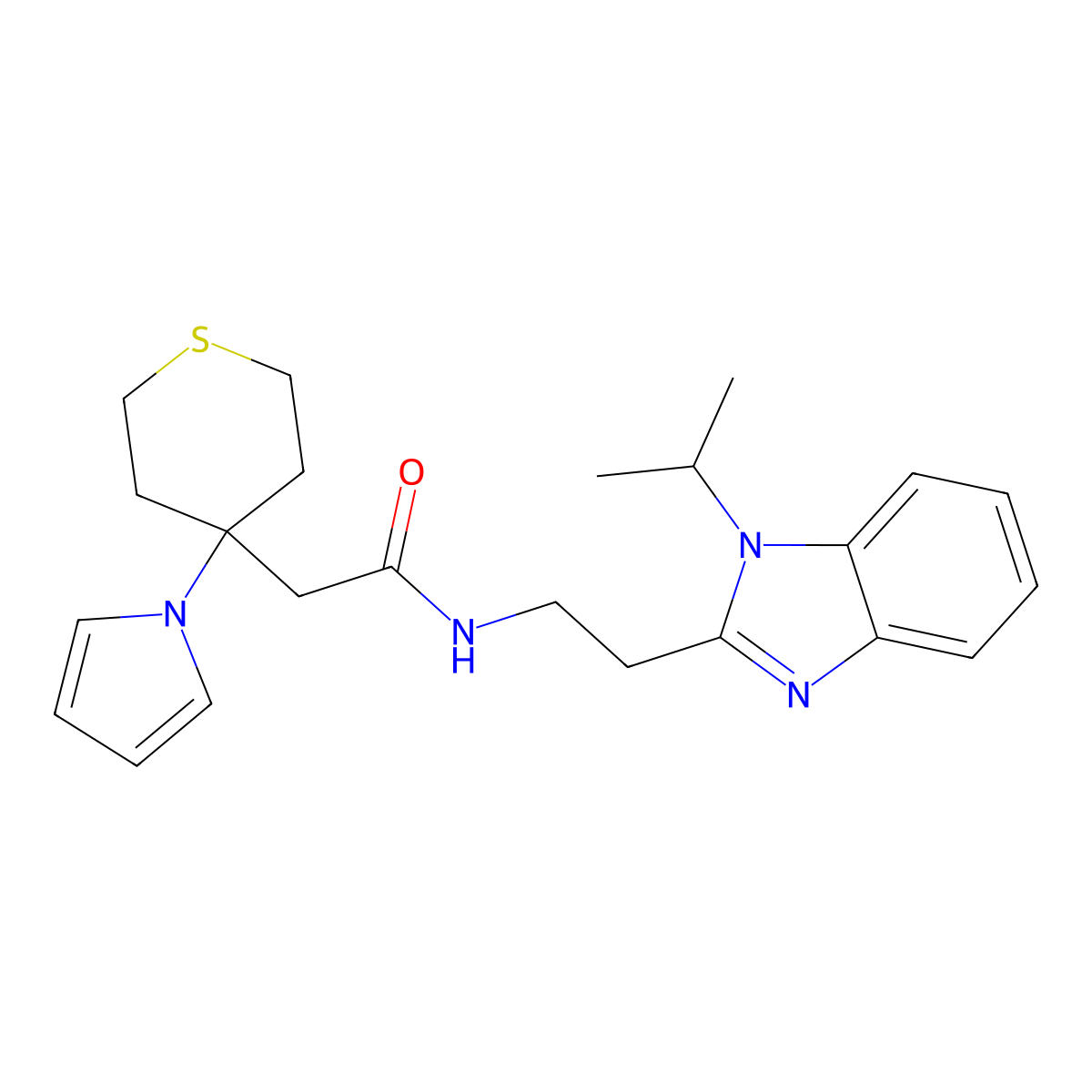 N-{2-[1-(propan-2-yl)-1H-benzimidazol-2-yl]ethyl}-2-[4-(1H-pyrrol-1-yl)tetrahydro-2H-thiopyran-4-yl]acetamide molecular structure, CAS 1630856-56-2