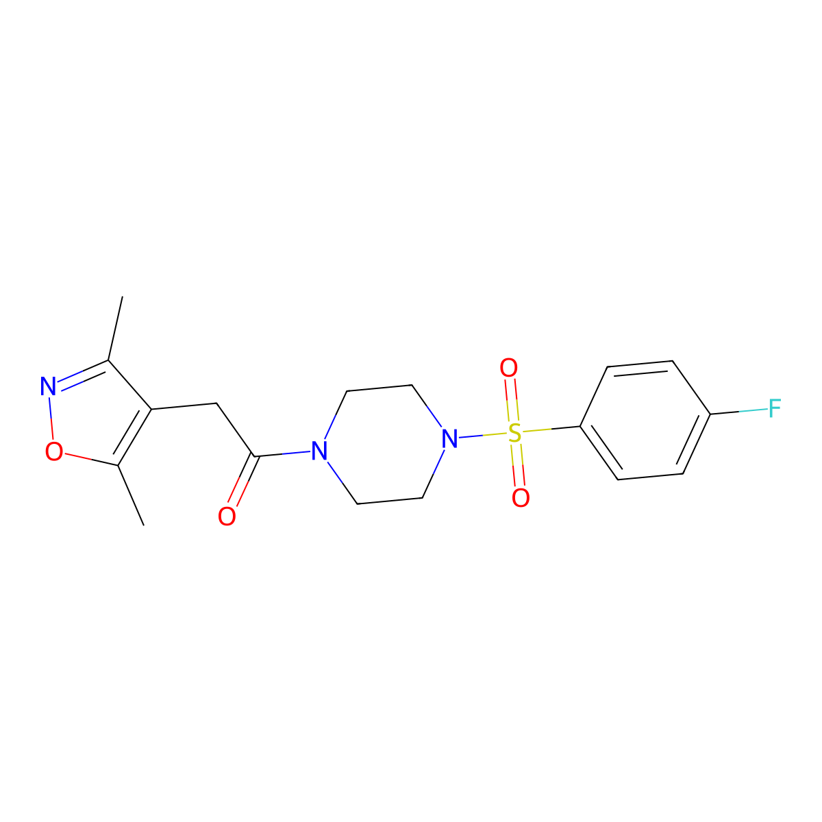 2-(3,5-Dimethyl-4-isoxazolyl)-1-{4-[(4-fluorophenyl)sulfonyl]piperazino}-1-ethanone molecular structure, CAS 1630856-73-3
