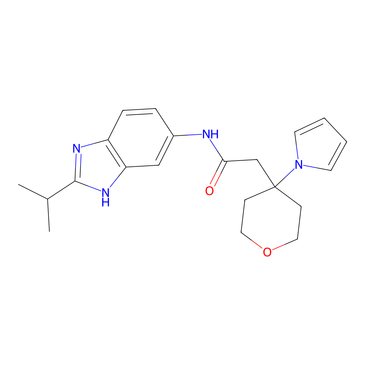 N-[2-(propan-2-yl)-1H-benzimidazol-6-yl]-2-[4-(1H-pyrrol-1-yl)tetrahydro-2H-pyran-4-yl]acetamide molecular structure, CAS 1630857-02-1