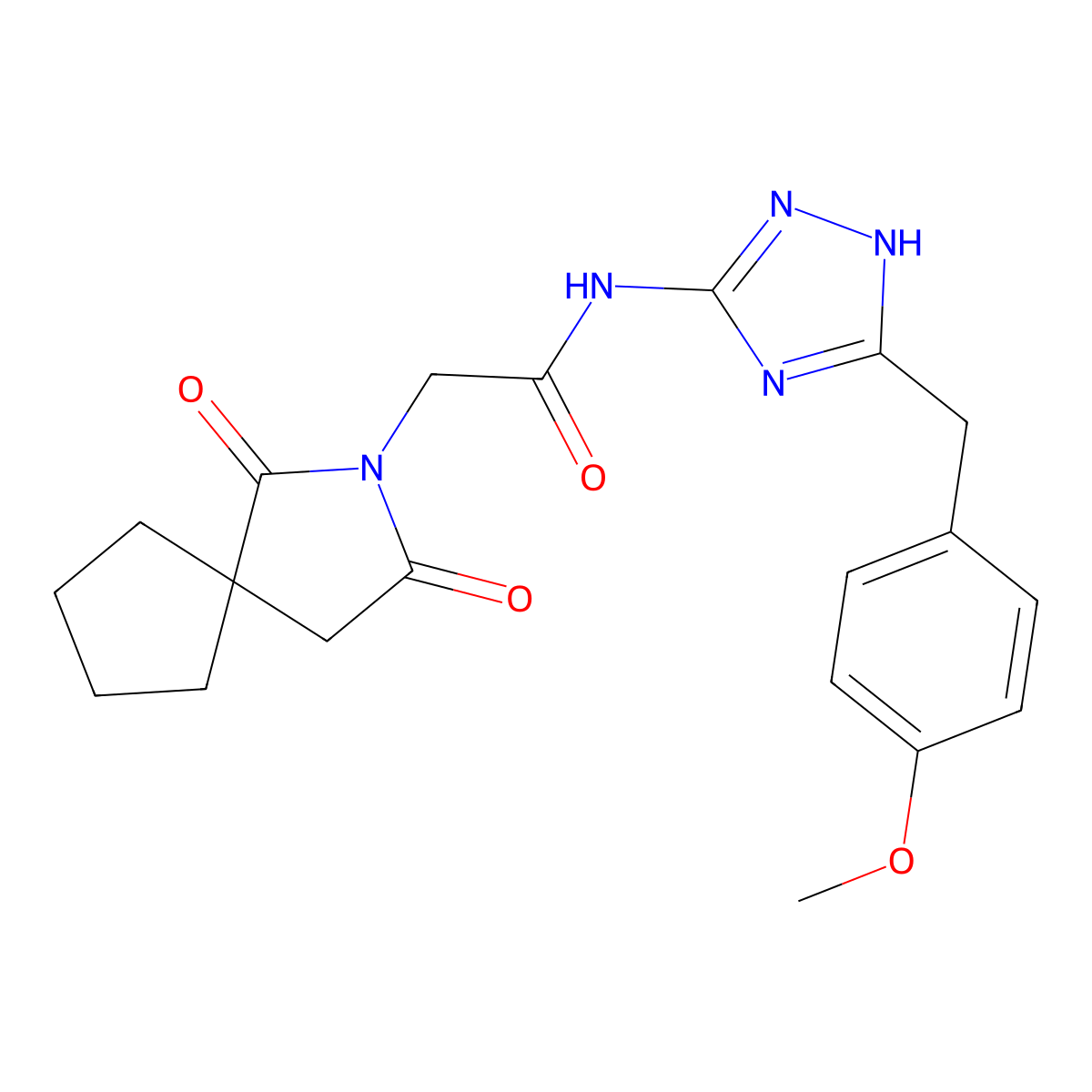 2-(1,3-dioxo-2-azaspiro[4.4]non-2-yl)-N-[3-(4-methoxybenzyl)-1H-1,2,4-triazol-5-yl]acetamide molecular structure, CAS 1630857-38-3