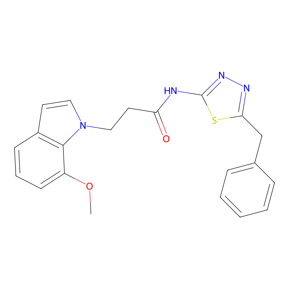 N-(5-benzyl-1,3,4-thiadiazol-2-yl)-3-(7-methoxy-1H-indol-1-yl)propanamide molecular structure, CAS 1630857-60-1
