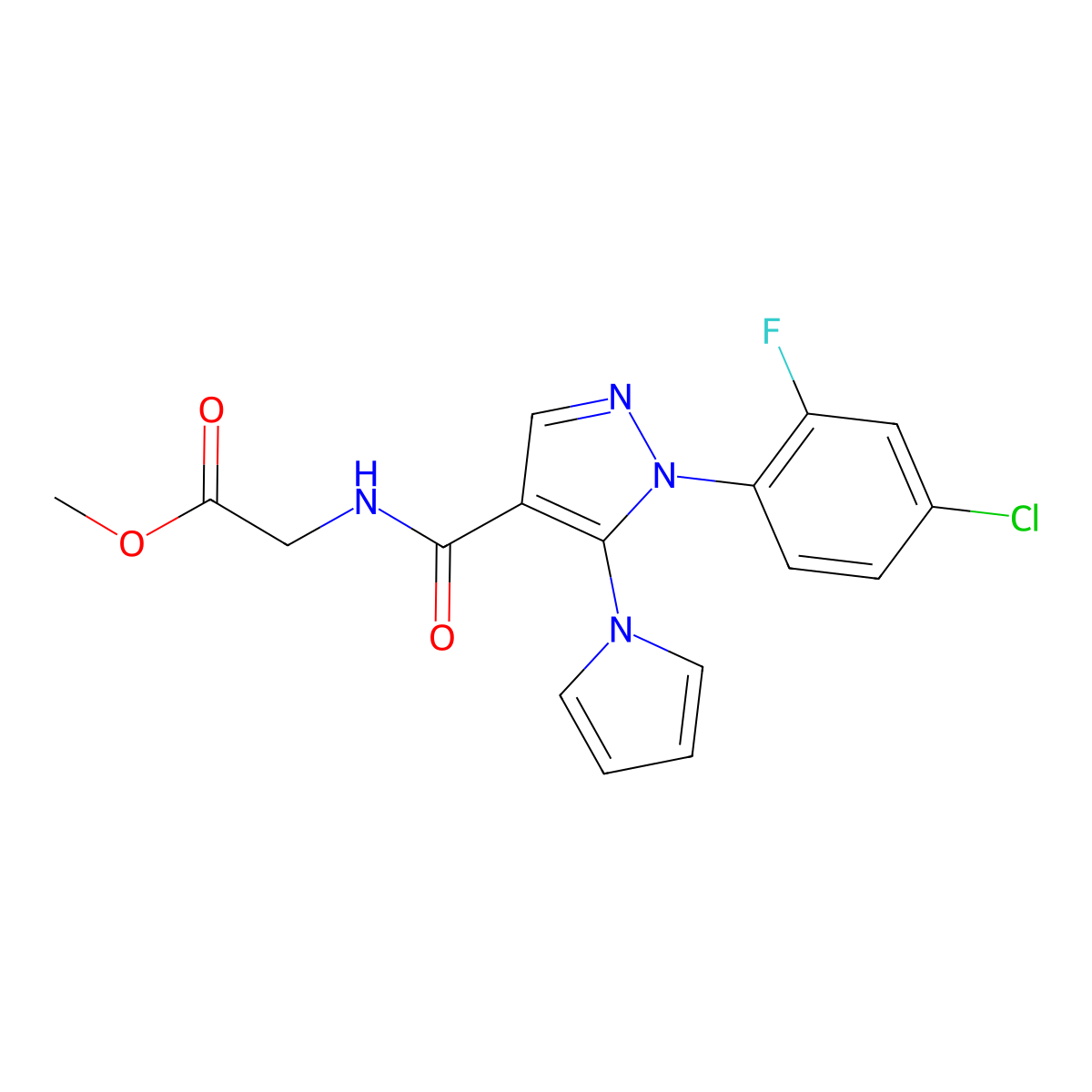 methyl N-{[1-(4-chloro-2-fluorophenyl)-5-(1H-pyrrol-1-yl)-1H-pyrazol-4-yl]carbonyl}glycinate molecular structure, CAS 1630857-66-7