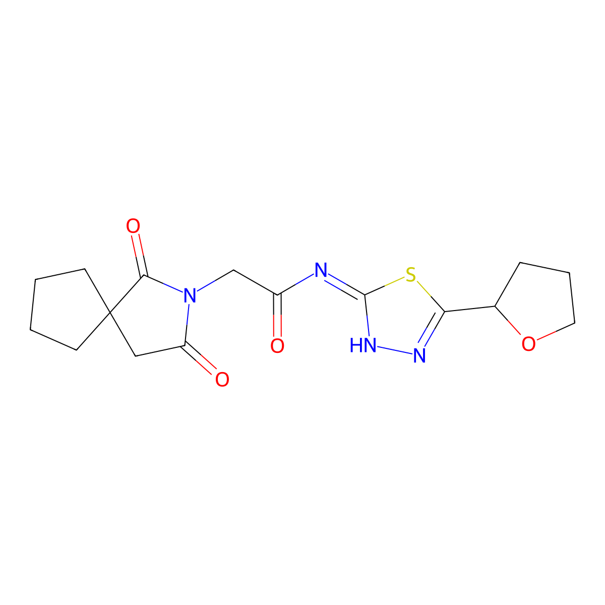 2-(1,3-dioxo-2-azaspiro[4.4]non-2-yl)-N-[5-(tetrahydrofuran-2-yl)-1,3,4-thiadiazol-2-yl]acetamide molecular structure, CAS 1630857-86-1