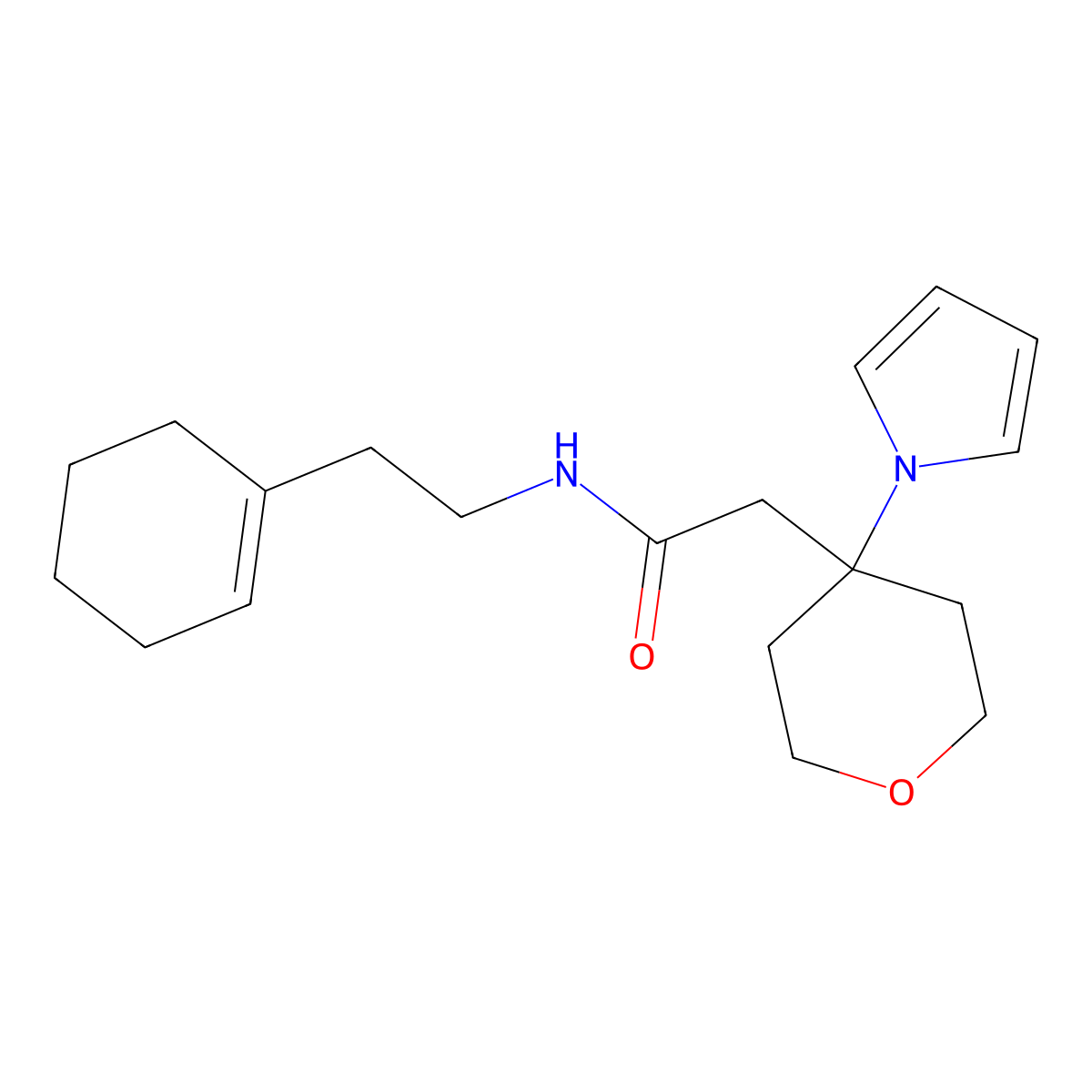 N-[2-(cyclohex-1-en-1-yl)ethyl]-2-[4-(1H-pyrrol-1-yl)tetrahydro-2H-pyran-4-yl]acetamide molecular structure, CAS 1630858-18-2