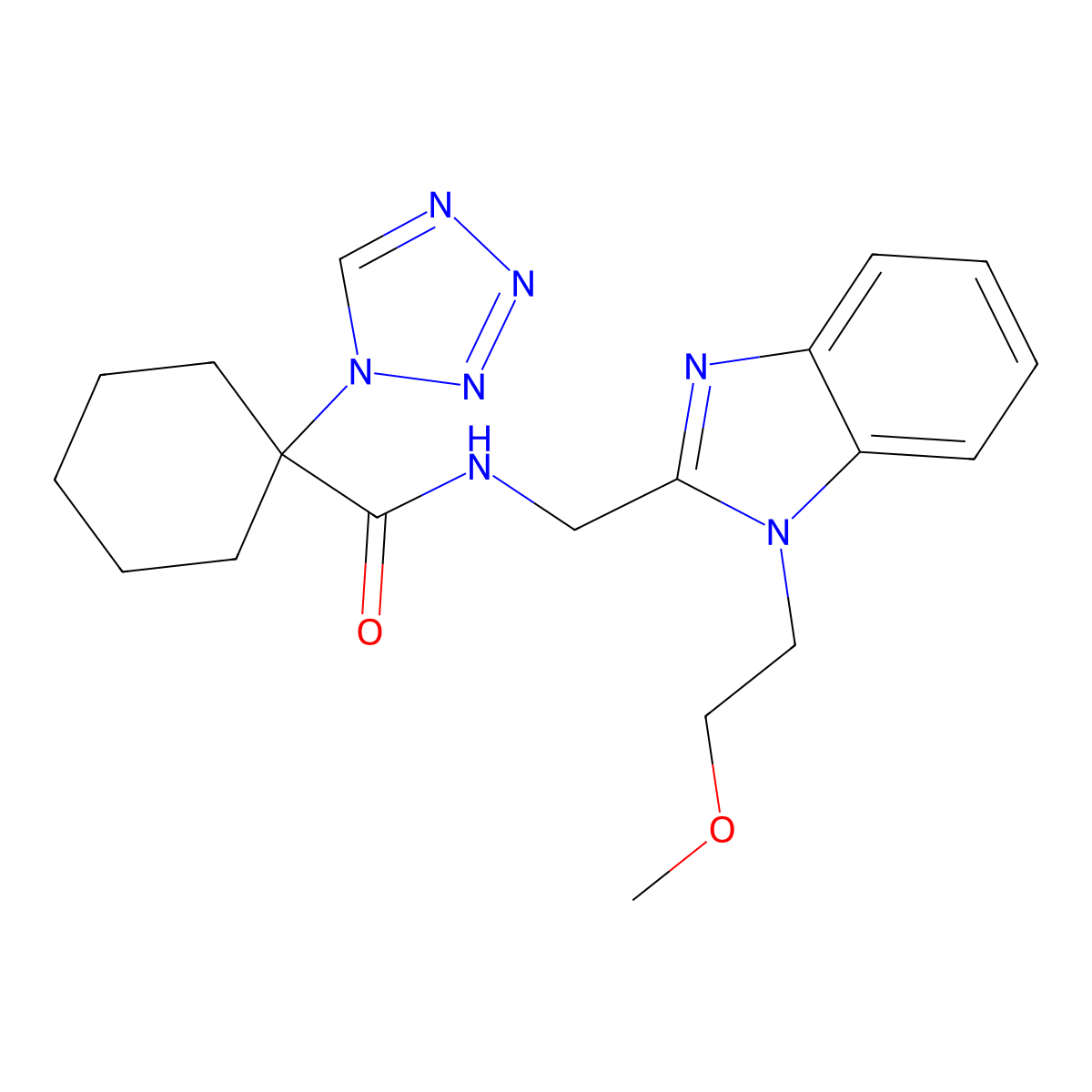 N-{[1-(2-methoxyethyl)-1H-benzimidazol-2-yl]methyl}-1-(1H-tetrazol-1-yl)cyclohexanecarboxamide molecular structure, CAS 1630860-77-3