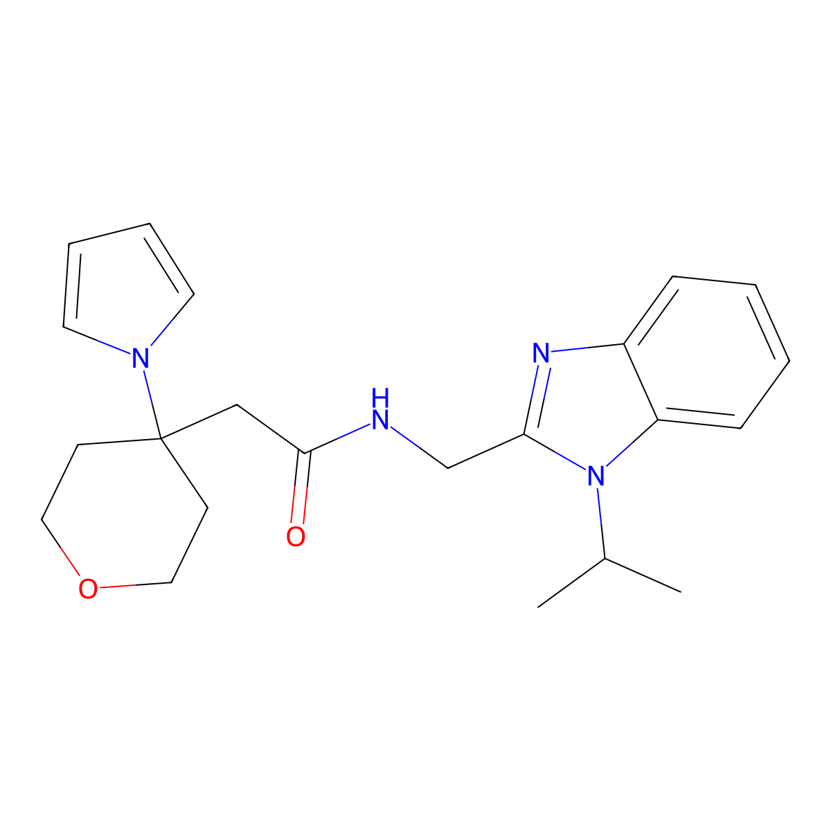 N-{[1-(propan-2-yl)-1H-benzimidazol-2-yl]methyl}-2-[4-(1H-pyrrol-1-yl)tetrahydro-2H-pyran-4-yl]acetamide molecular structure, CAS 1630860-99-9