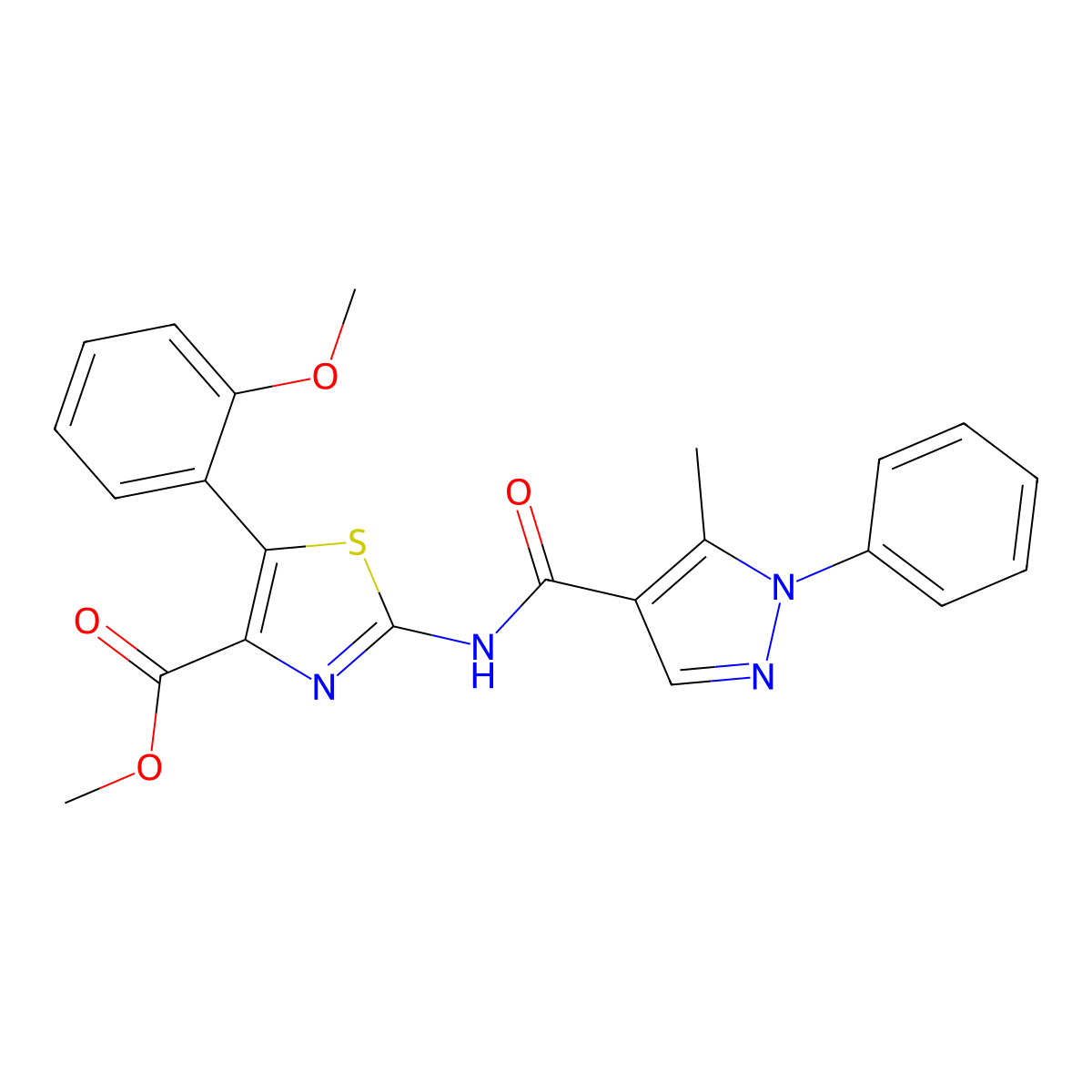 methyl 5-(2-methoxyphenyl)-2-{[(5-methyl-1-phenyl-1H-pyrazol-4-yl)carbonyl]amino}-1,3-thiazole-4-carboxylate molecular structure, CAS 1630861-03-8