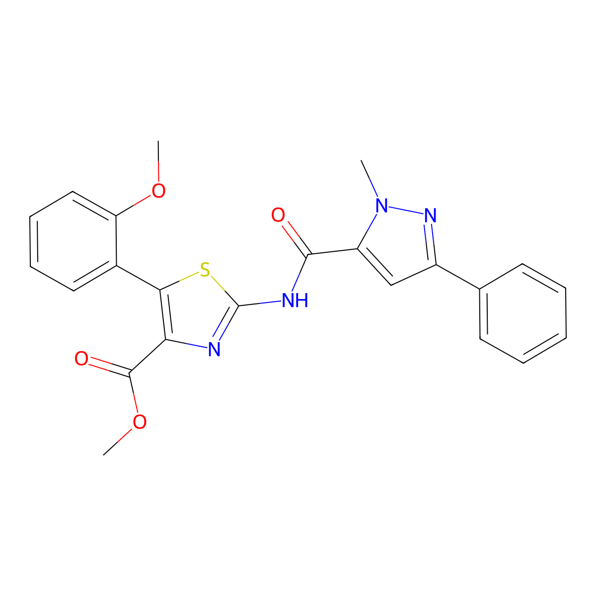 methyl 5-(2-methoxyphenyl)-2-{[(1-methyl-3-phenyl-1H-pyrazol-5-yl)carbonyl]amino}-1,3-thiazole-4-carboxylate molecular structure, CAS 1630861-13-0