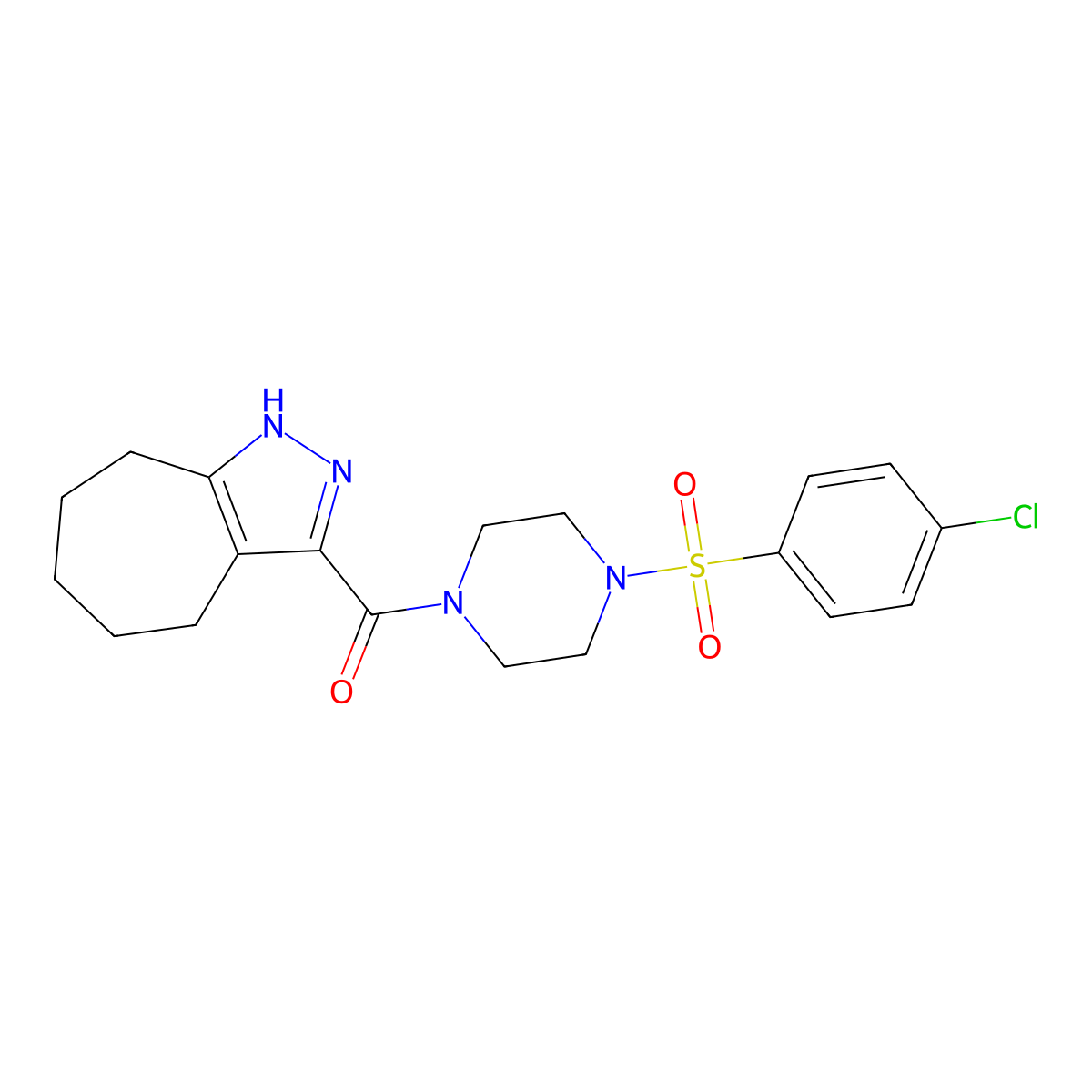 {4-[(4-Chlorophenyl)sulfonyl]piperazin-1-yl}(1,4,5,6,7,8-hexahydrocyclohepta[c]pyrazol-3-yl)methanone molecular structure, CAS 1630861-39-0