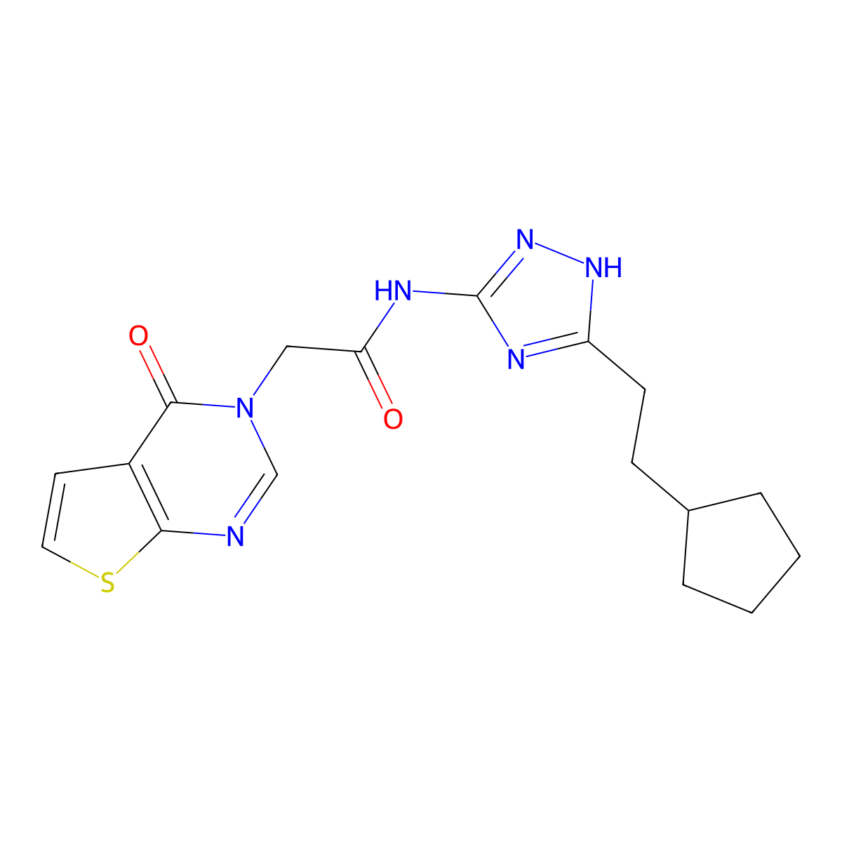 N-[3-(2-cyclopentylethyl)-1H-1,2,4-triazol-5-yl]-2-(4-oxothieno[2,3-d]pyrimidin-3(4H)-yl)acetamide molecular structure, CAS 1630861-44-7