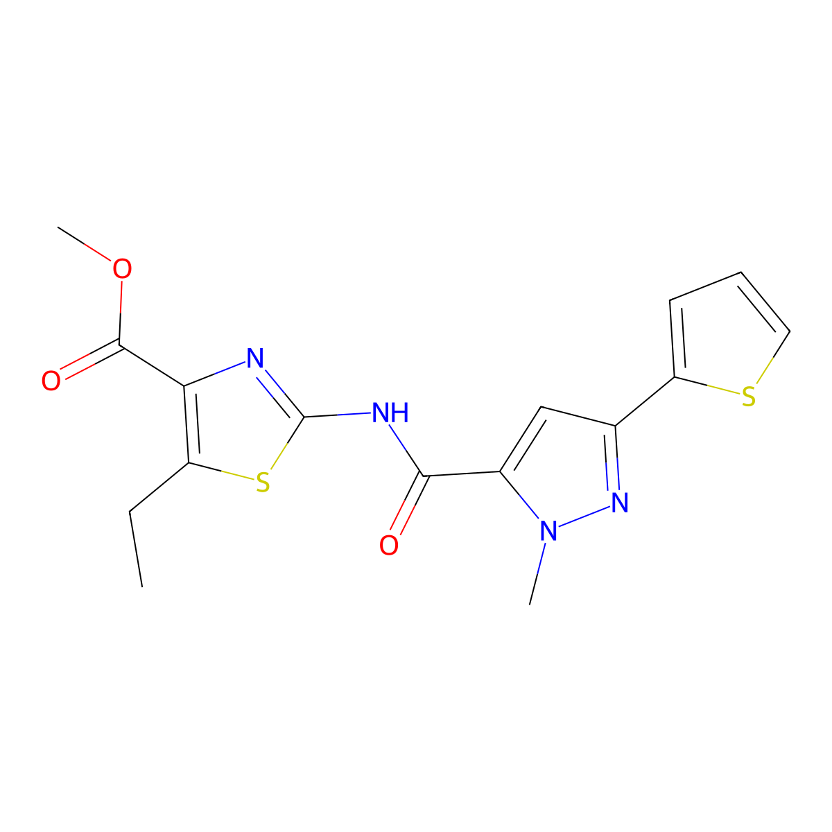 methyl 5-ethyl-2-({[1-methyl-3-(thiophen-2-yl)-1H-pyrazol-5-yl]carbonyl}amino)-1,3-thiazole-4-carboxylate molecular structure, CAS 1630861-81-2