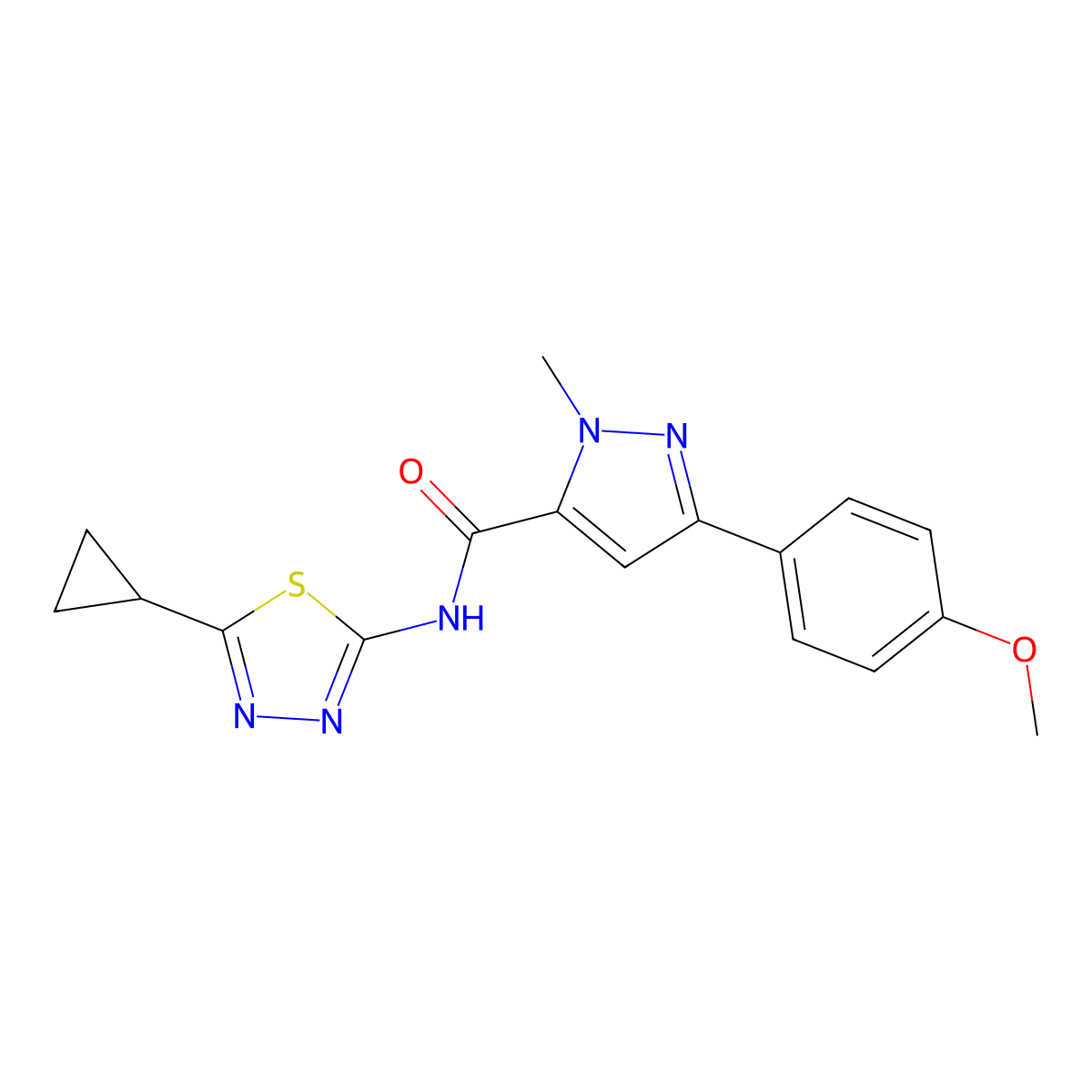 N-(5-cyclopropyl-1,3,4-thiadiazol-2-yl)-3-(4-methoxyphenyl)-1-methyl-1H-pyrazole-5-carboxamide molecular structure, CAS 1630861-92-5