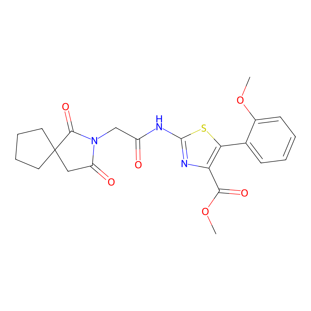Methyl 2-{[(1,3-dioxo-2-azaspiro[4.4]non-2-yl)acetyl]amino}-5-(2-methoxyphenyl)-1,3-thiazole-4-carboxylate molecular structure, CAS 1630862-02-0