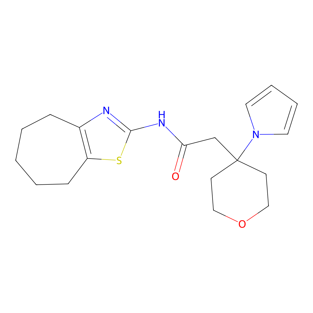 2-[4-(1H-pyrrol-1-yl)tetrahydro-2H-pyran-4-yl]-N-(5,6,7,8-tetrahydro-4H-cyclohepta[d][1,3]thiazol-2-yl)acetamide molecular structure, CAS 1630862-63-3