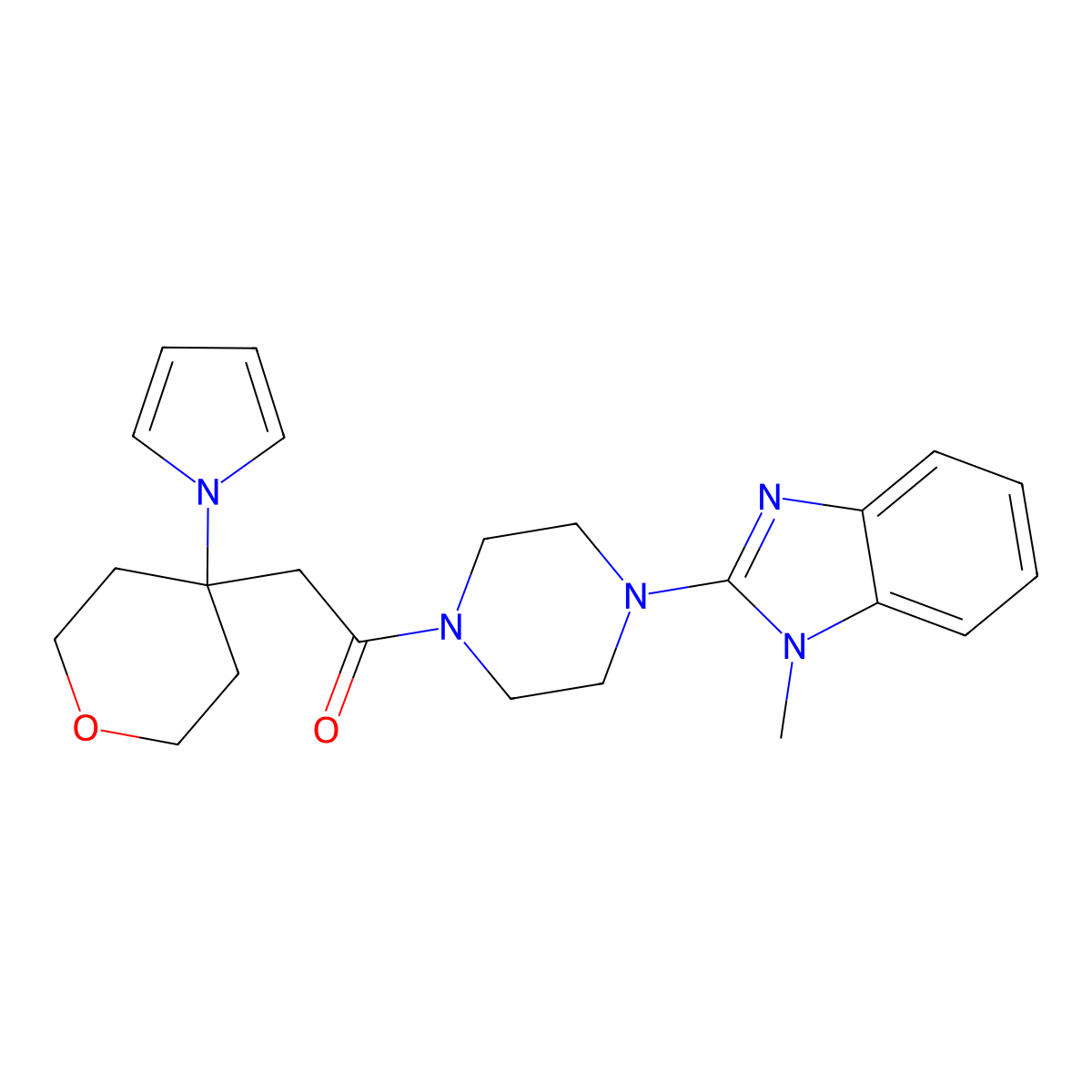1-[4-(1-methyl-1H-benzimidazol-2-yl)piperazin-1-yl]-2-[4-(1H-pyrrol-1-yl)tetrahydro-2H-pyran-4-yl]ethanone molecular structure, CAS 1630862-66-6