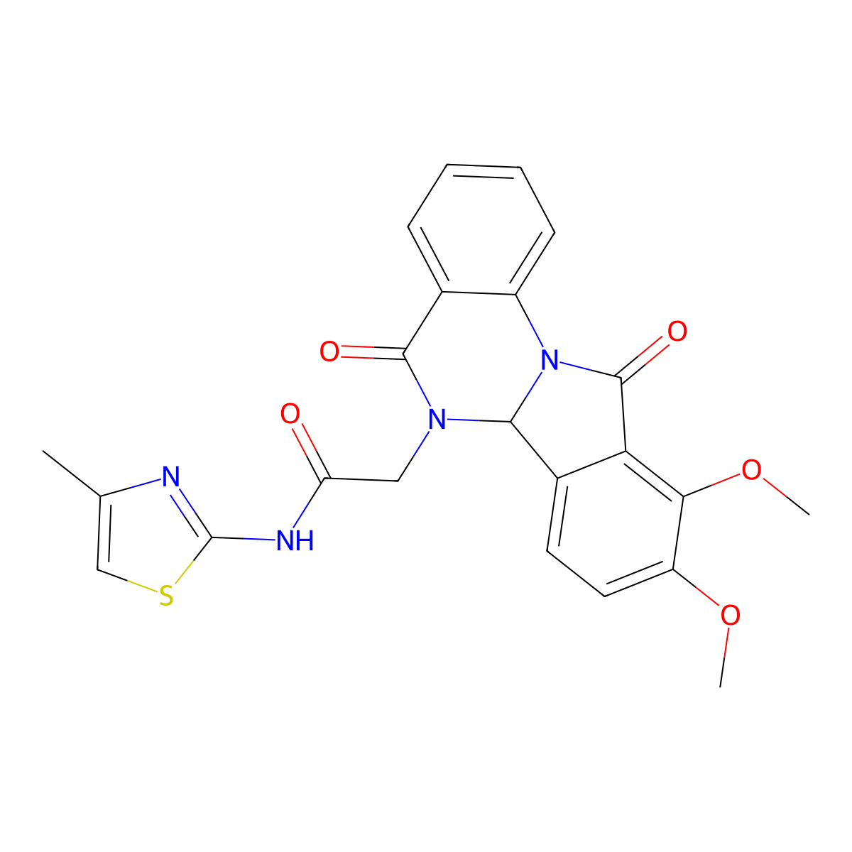 2-(9,10-dimethoxy-5,11-dioxo-6a,11-dihydroisoindolo[2,1-a]quinazolin-6(5H)-yl)-N-(4-methyl-1,3-thiazol-2-yl)acetamide molecular structure, CAS 1630865-50-7