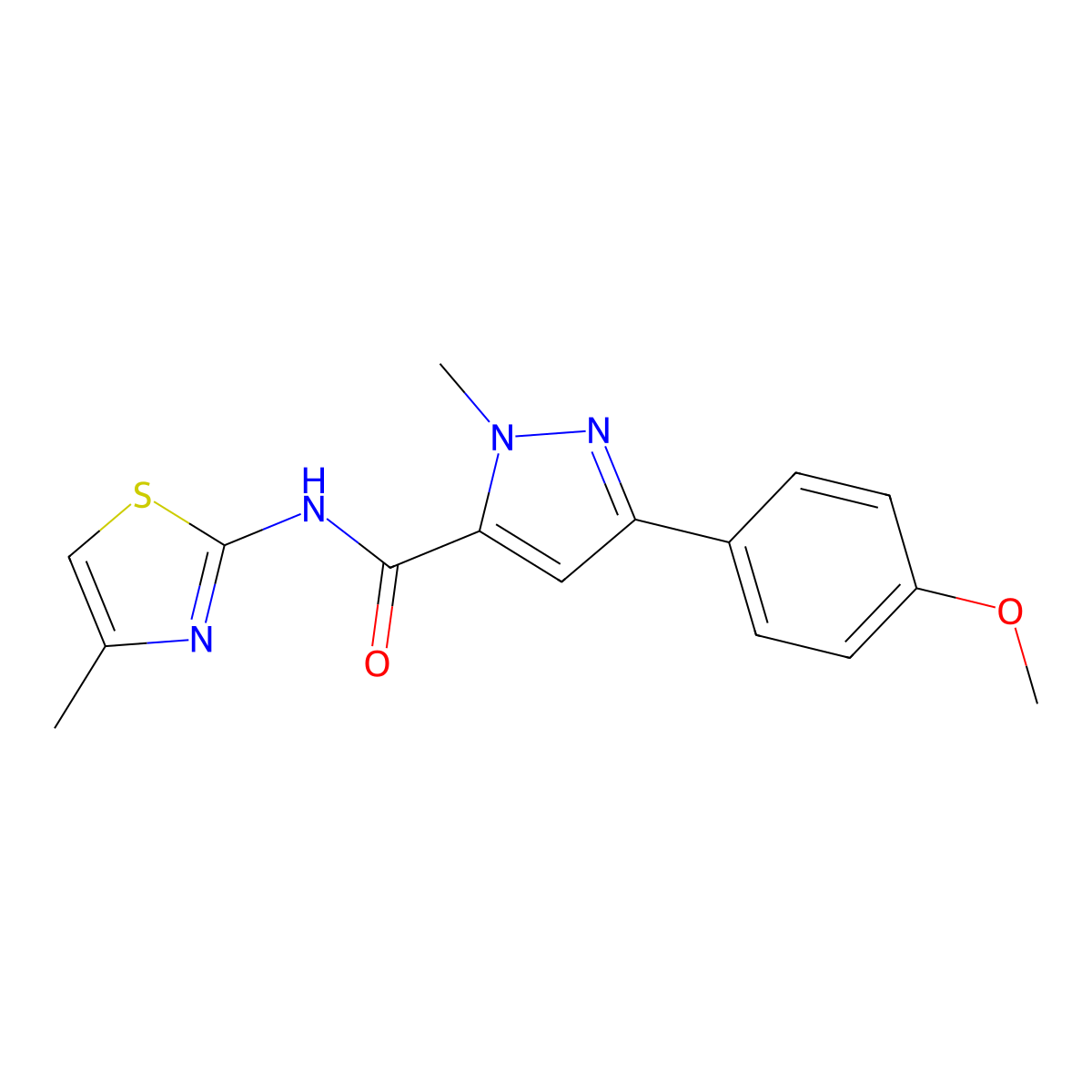 3-(4-methoxyphenyl)-1-methyl-N-(4-methyl-1,3-thiazol-2-yl)-1H-pyrazole-5-carboxamide molecular structure, CAS 1630865-84-7