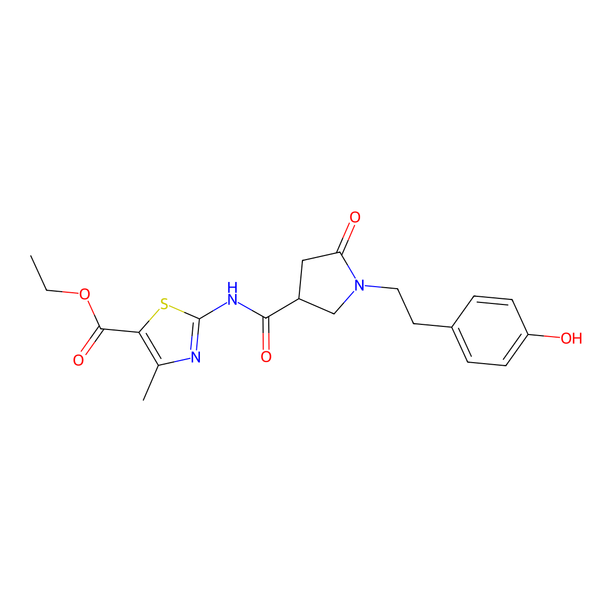 Ethyl 2-[({1-[2-(4-hydroxyphenyl)ethyl]-5-oxopyrrolidin-3-yl}carbonyl)amino]-4-methyl-1,3-thiazole-5-carboxylate molecular structure, CAS 1630866-29-3