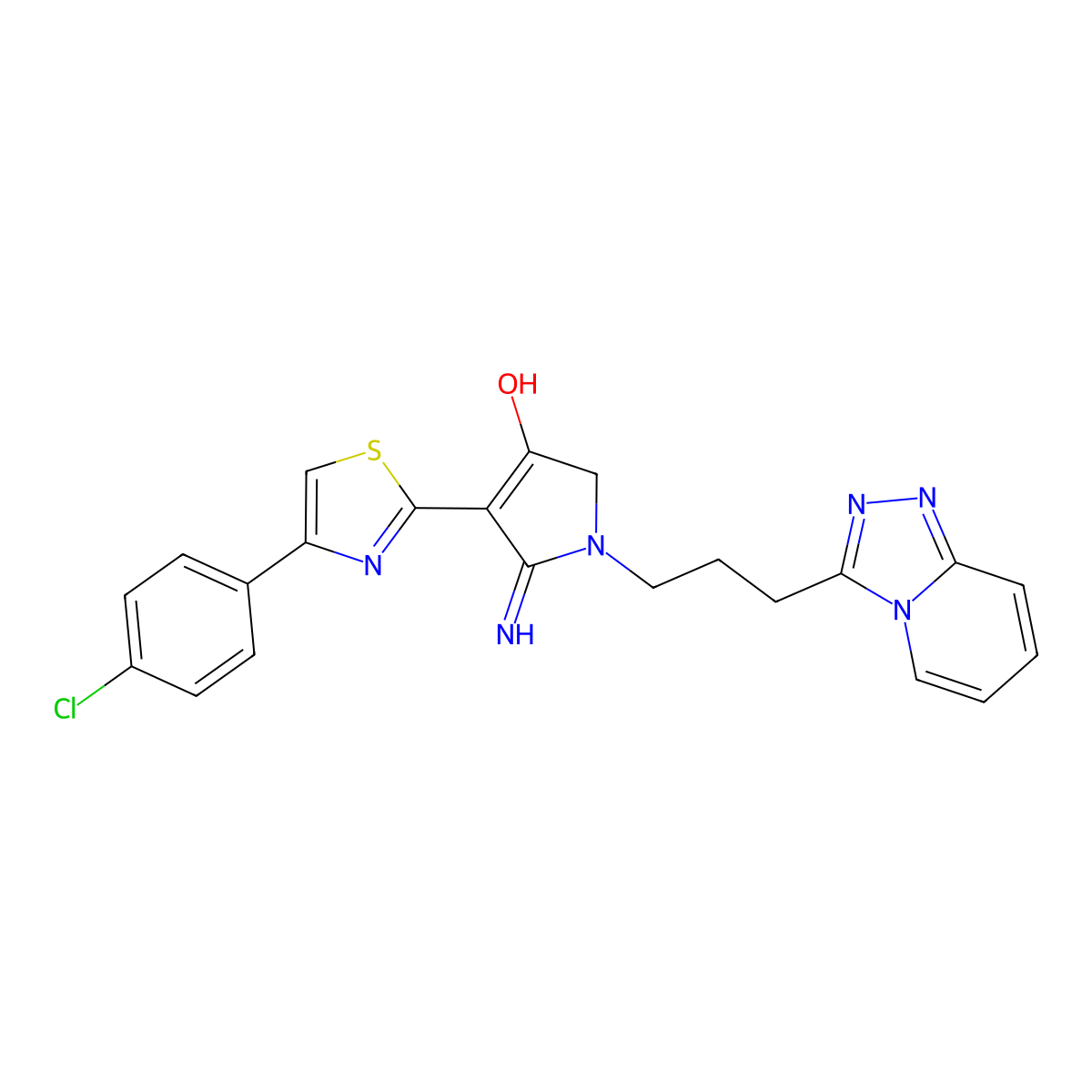 4-[4-(4-chlorophenyl)-1,3-thiazol-2-yl]-5-imino-1-[3-([1,2,4]triazolo[4,3-a]pyridin-3-yl)propyl]-2,5-dihydro-1H-pyrrol-3-ol molecular structure, CAS 1630866-47-5