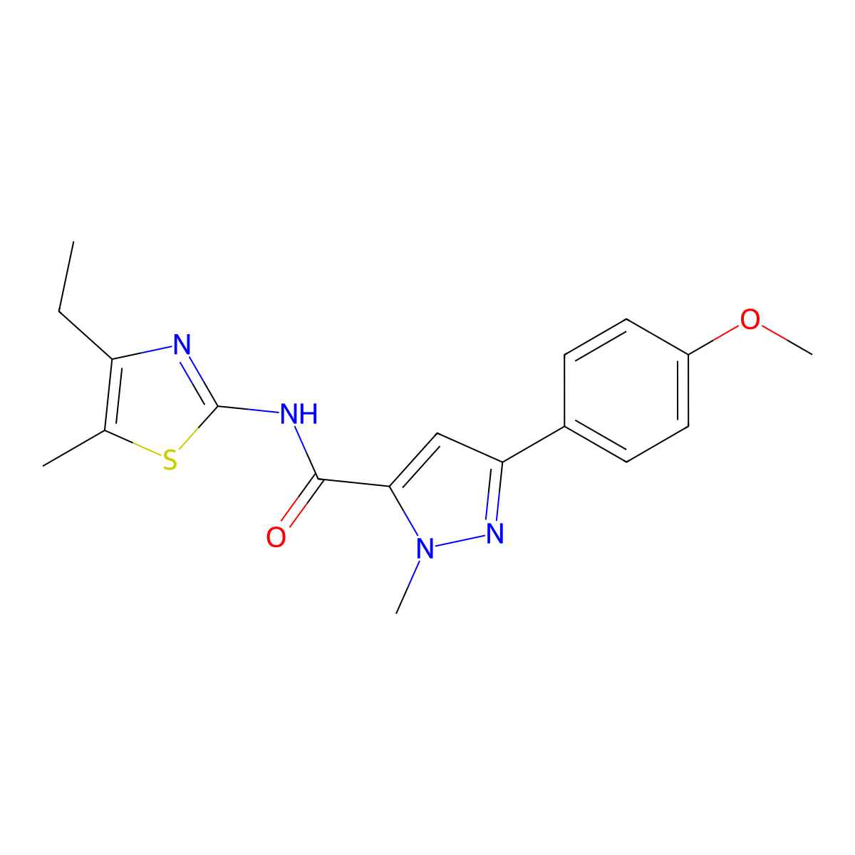 N-(4-ethyl-5-methyl-1,3-thiazol-2-yl)-3-(4-methoxyphenyl)-1-methyl-1H-pyrazole-5-carboxamide molecular structure, CAS 1630866-76-0
