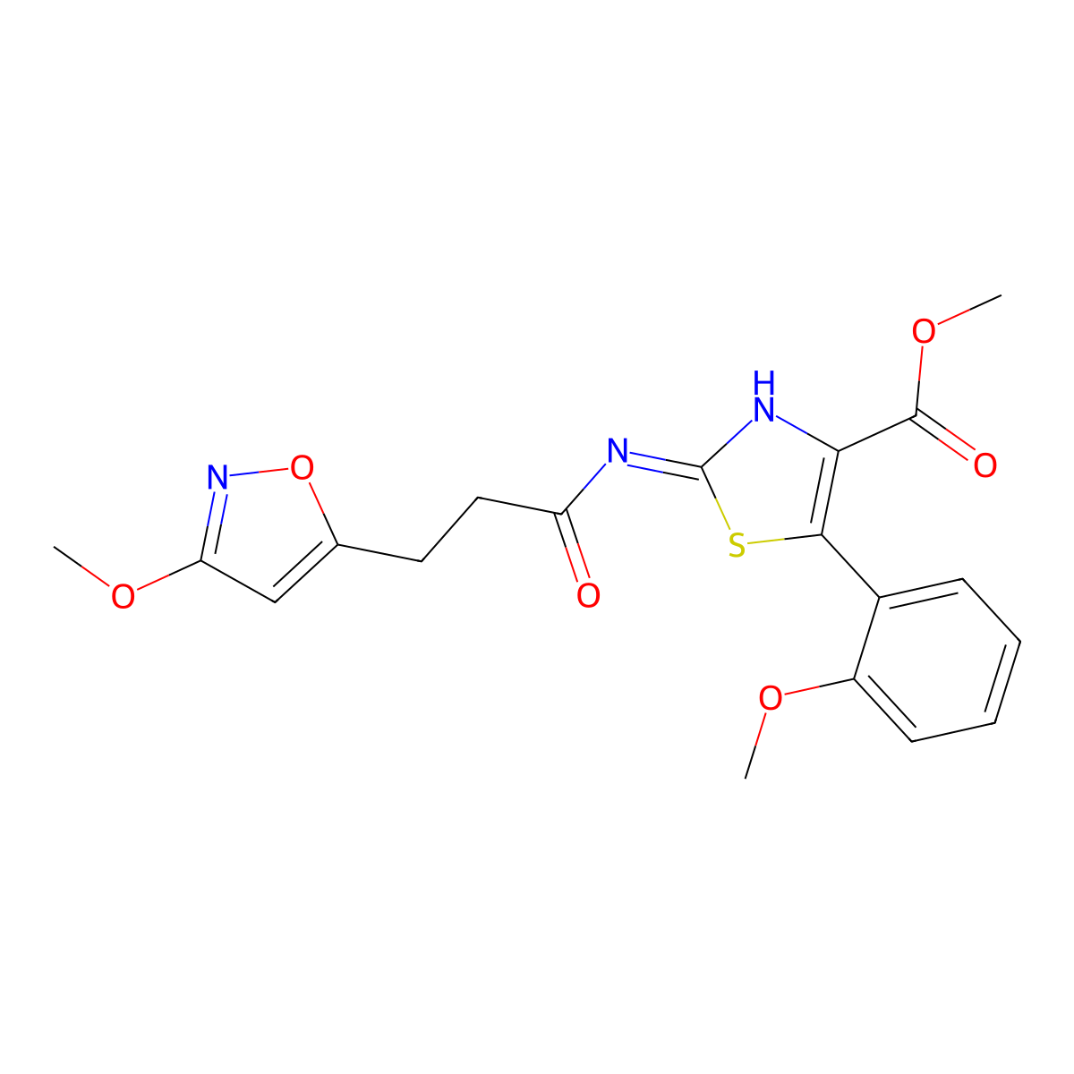 Methyl 2-{[3-(3-methoxy-1,2-oxazol-5-yl)propanoyl]amino}-5-(2-methoxyphenyl)-1,3-thiazole-4-carboxylate molecular structure, CAS 1630868-83-5